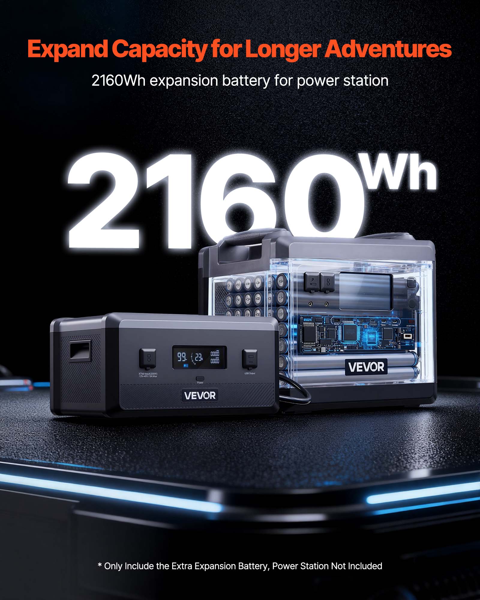 Expand Capacity for Longer Adventures  
2160Wh expansion battery for power station  

2160Wh  

* Include the Extra Power Station Not Included Only Expansion Battery