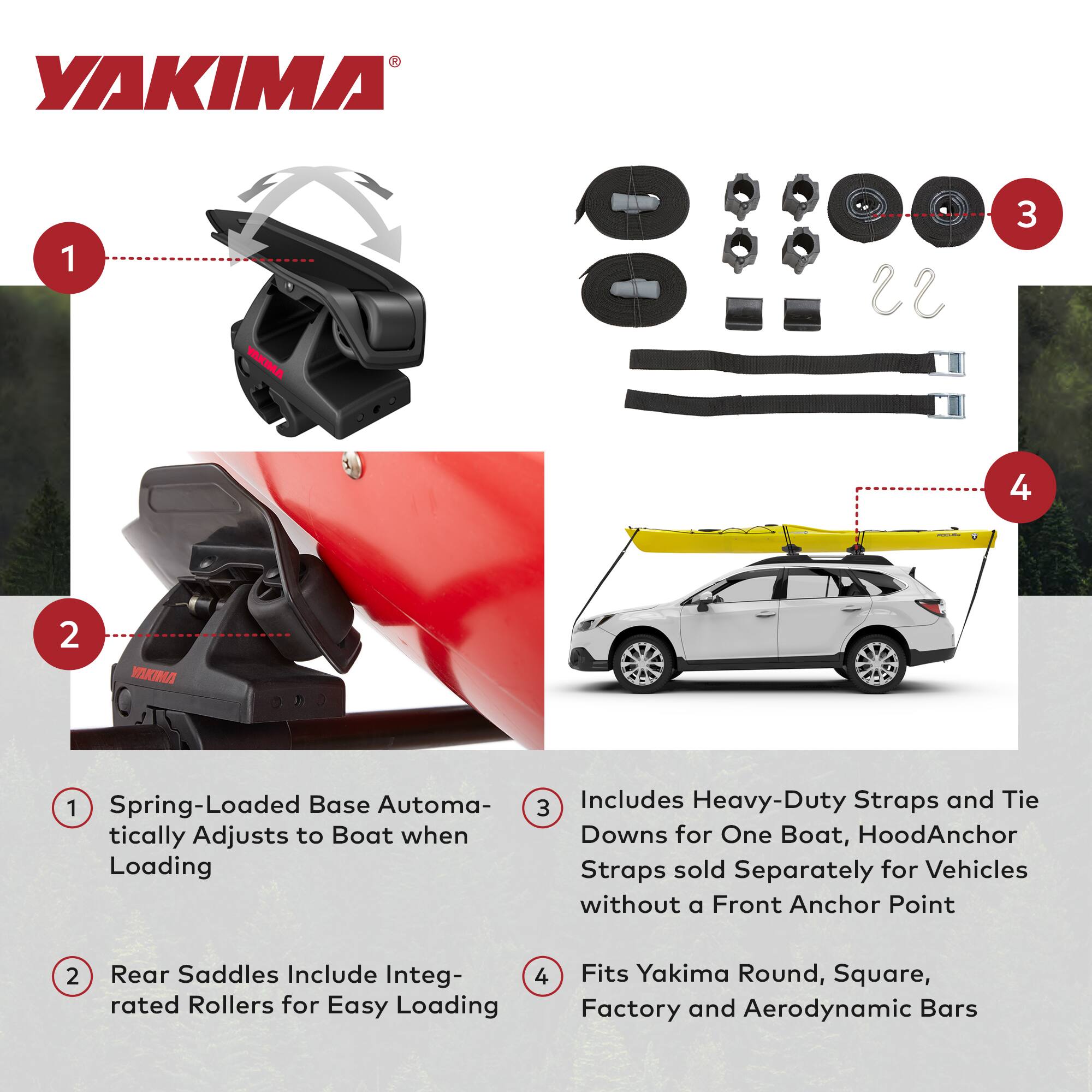 YAKIMA

1. Spring-Loaded Base Automatically Adjusts to Boat when Loading

2. Rear Saddles Include Integrated Rollers for Easy Loading

3. Includes Heavy-Duty Straps and Tie Downs for One Boat, HoodAnchor Straps sold Separately for Vehicles without a Front Anchor Point

4. Fits Yakima Round, Square, Factory and Aerodynamic Bars