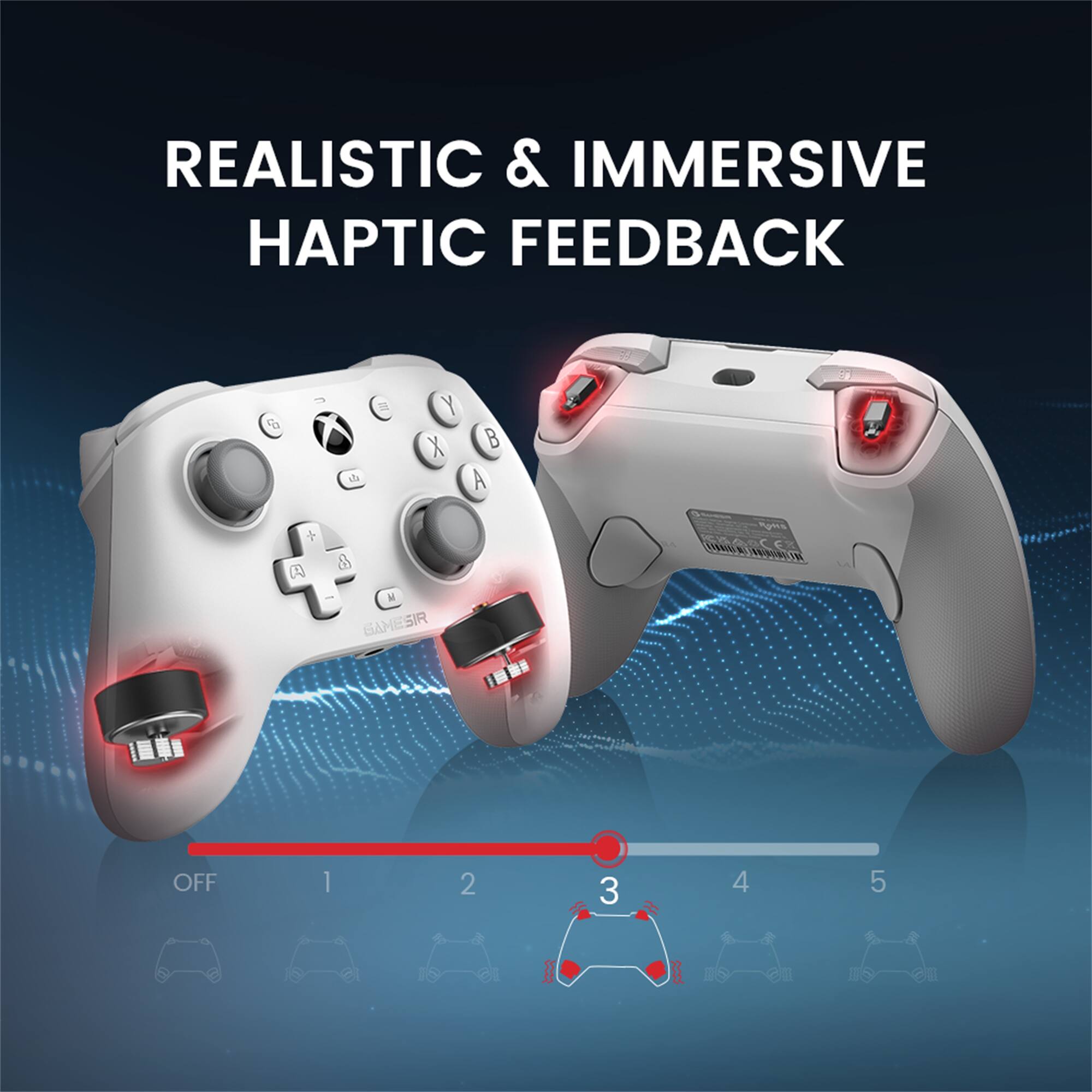 Realistic & Immersive Haptic Feedback: A Y X A + & - GAMESIR Pgts IeO (u TMN OFF 1 2 3 4 5 B BO Gil B Ou