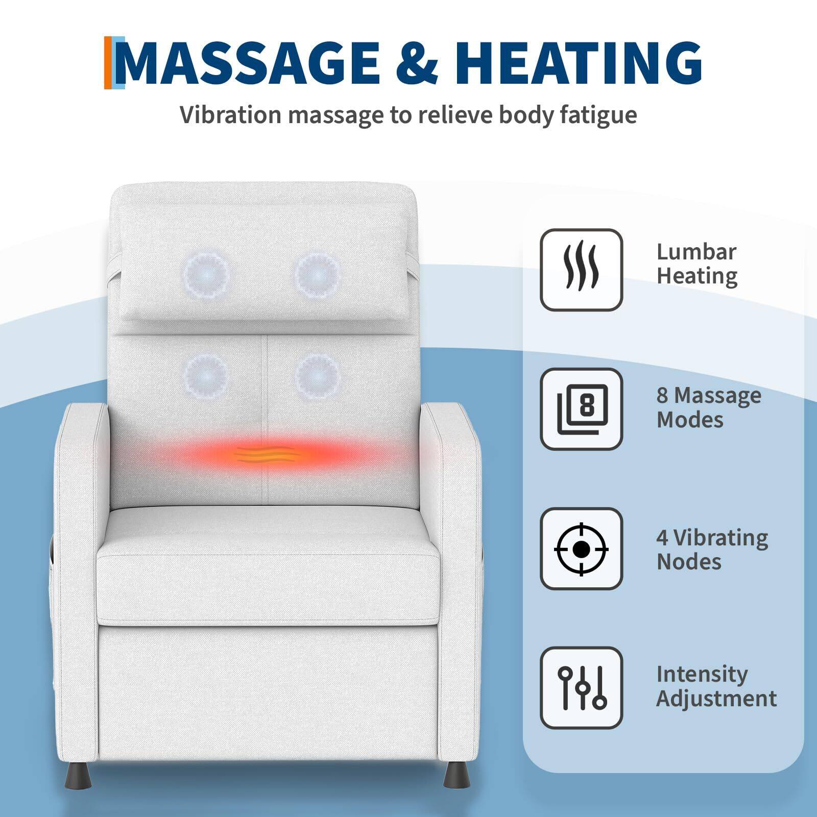 MASSAGE & HEATING  
Vibration massage to relieve body fatigue  

- Lumbar Heating  
- 8 Massage Modes  
- 4 Vibrating Nodes  
- Intensity Adjustment