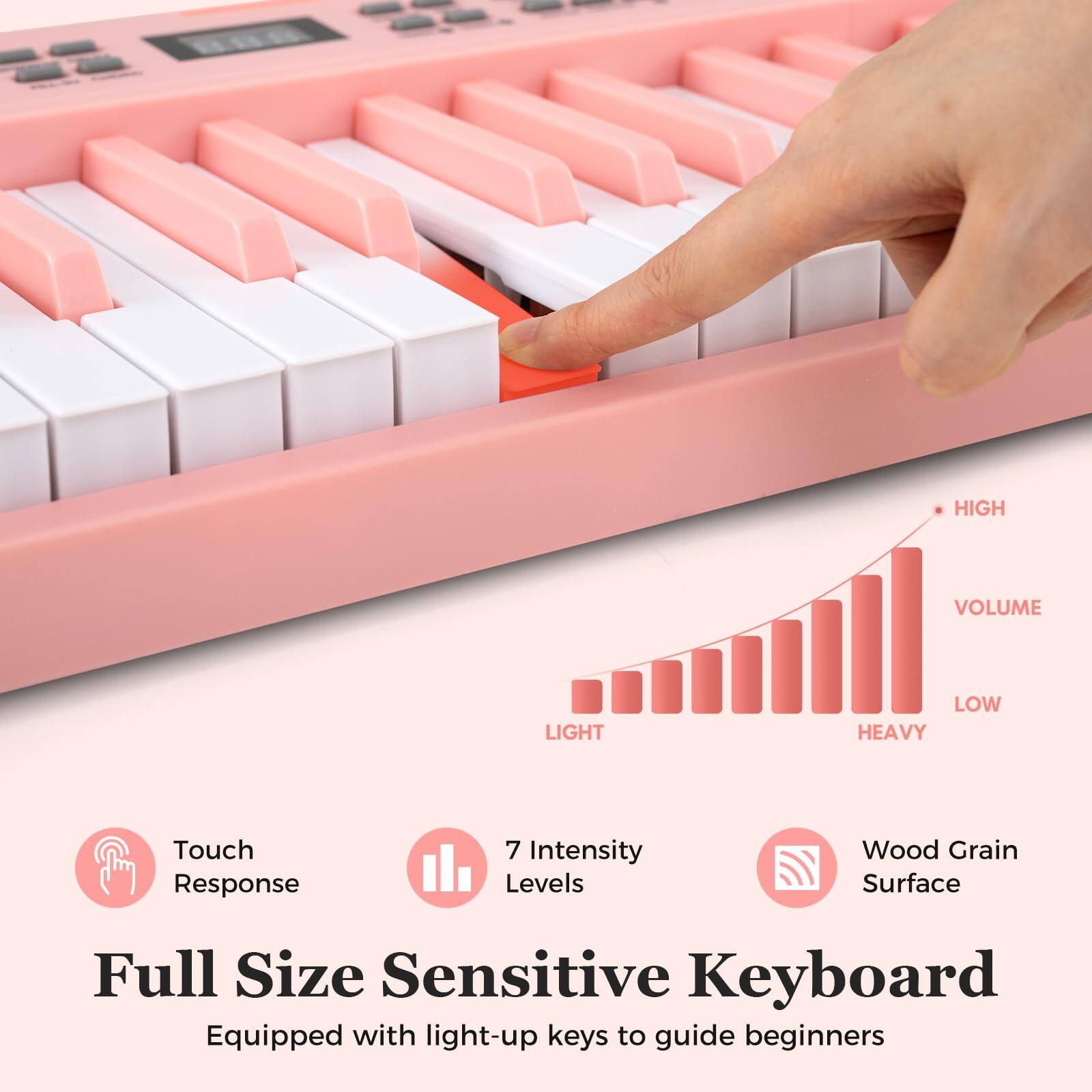 HIGH VOLUME LIGHT LOW HEAVY Touch Response 7 Intensity Levels Wood Grain Surface Full Size Sensitive Keyboard Equipped with light-up keys to guide beginners
