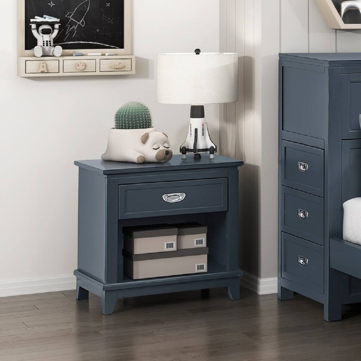Alt View 2. Loheer - Loheer Navy Blue Nightstand with Drawer and Lower Shelf, Classic Bedroom Storage - Navy Blue.