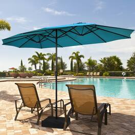 Gymax - 15 ft Double-Sided Patio Twin Umbrella Extra-Large Market Umbrella w/ Base - Turquoise
