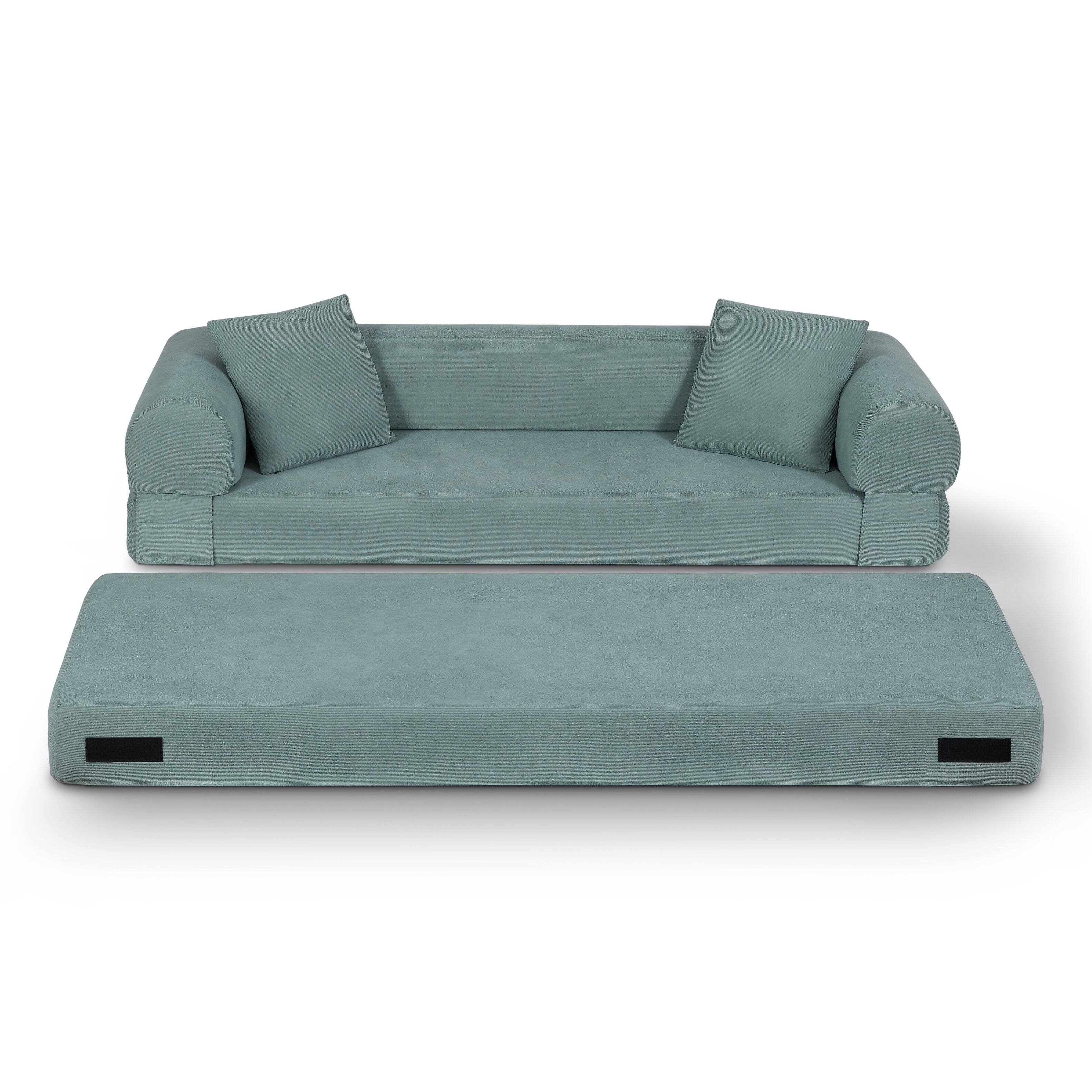 Alt View 1. Loheer - Loheer 80 Inch Corduroy Convertible Sofa Bed Queen Sleeper Couch with Storage Fold Out Boneless Sofa in a Box - Light Green.