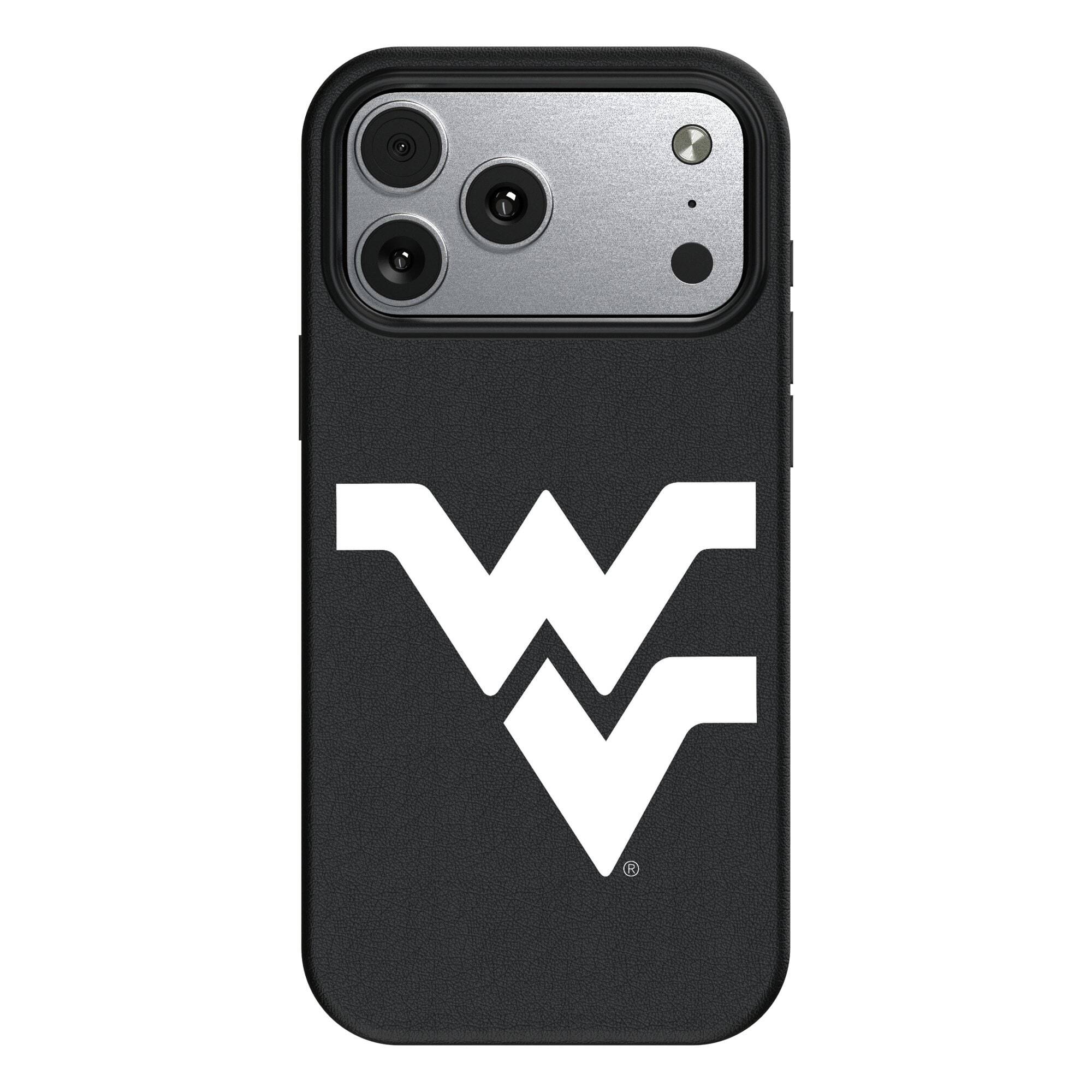 Front. Keyscaper - West Virginia Mountaineers Primary Logo iPhone Magnetic Bump Case - 15 Pro Max - Black.