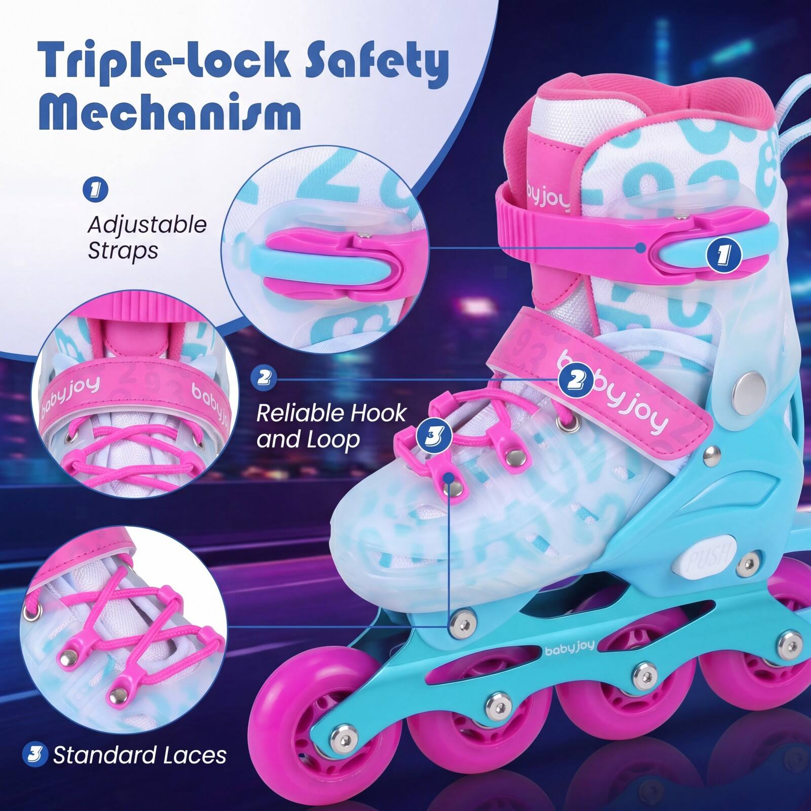 Triple-lock Safety Mechanism

1. Adjustable Straps
2. Reliable Hook and Loop
3. Standard Laces