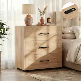 Aheaplus - Nightstand with 3 Drawers and Charging Station, 21.6'' Wide Bedside for Storage - Nature Oak