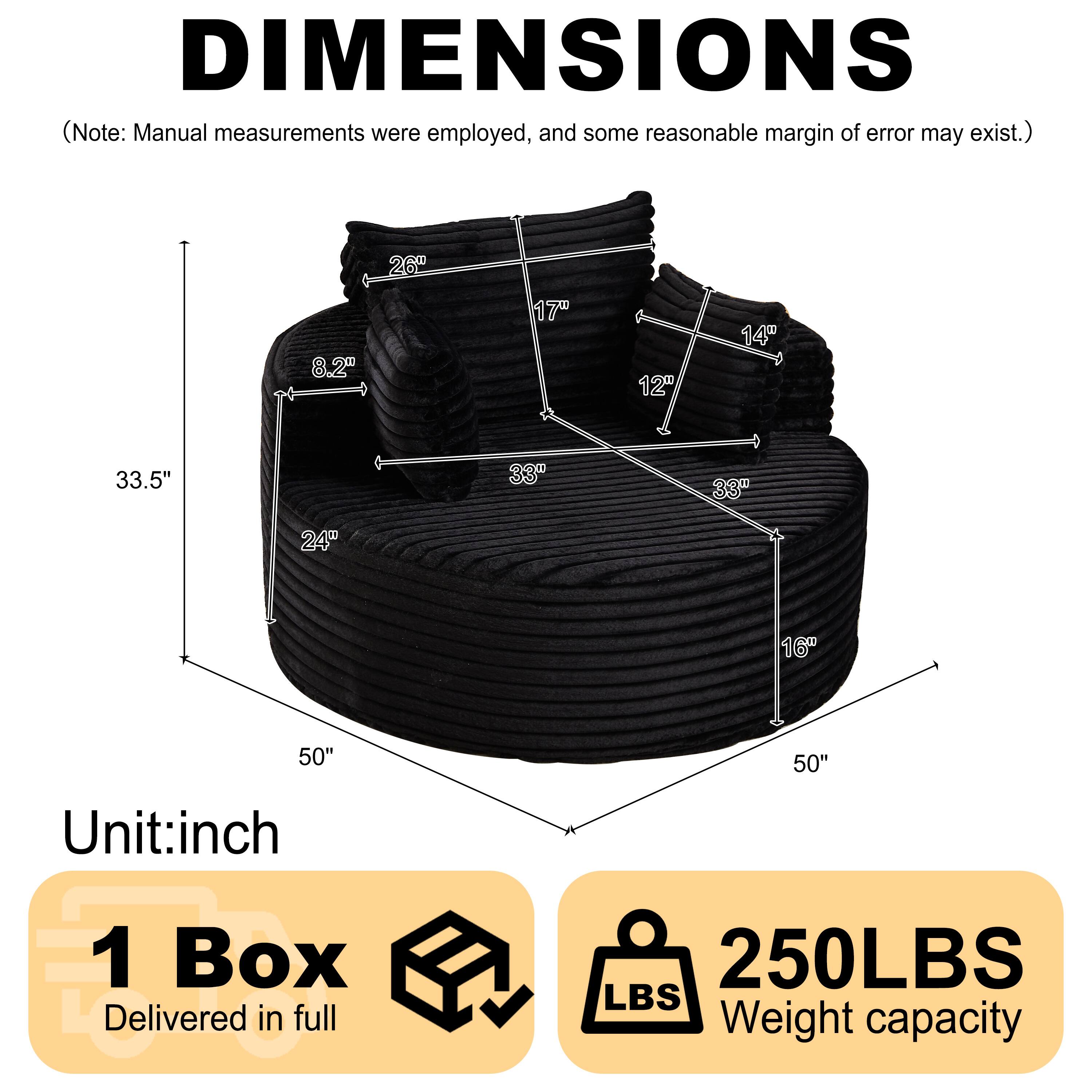 DIMENSIONS  
(Note: Manual measurements were employed, and some reasonable margin of error may exist.)  

26" 8.2" 17" 12" 14" 33.5" 33" 33" 24" 16" 50" 50"  

Unit: inch  

1 Box Delivered in full  

250LBS Weight capacity