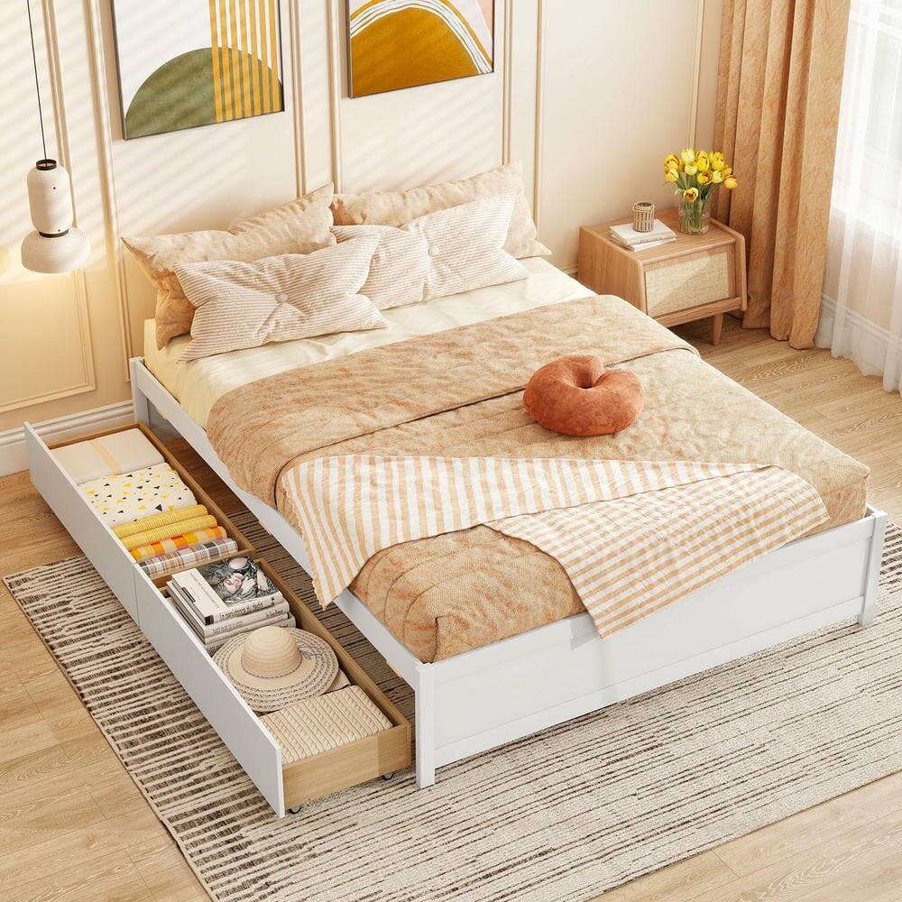 Alt View 2. Kadyn - Queen Size Bed Frame with Two Convenient Rolling Storage Drawers, Provides Hidden Organization Space for Bedding - White.