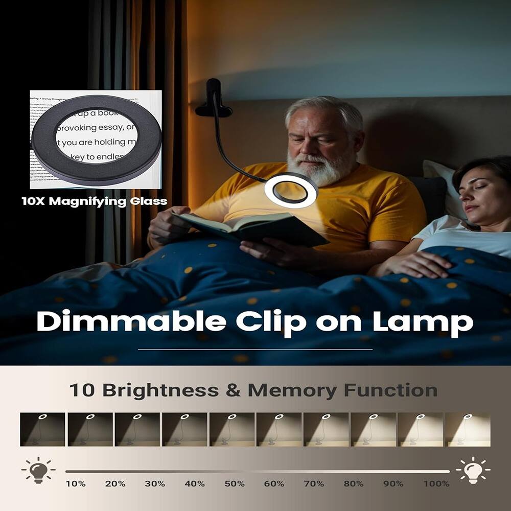 10X Magnifying Glass

Dimmable Clip on Lamp

10 Brightness & Memory Function

10% 20% 30% 40% 50% 60% 70% 80% 90% 100%