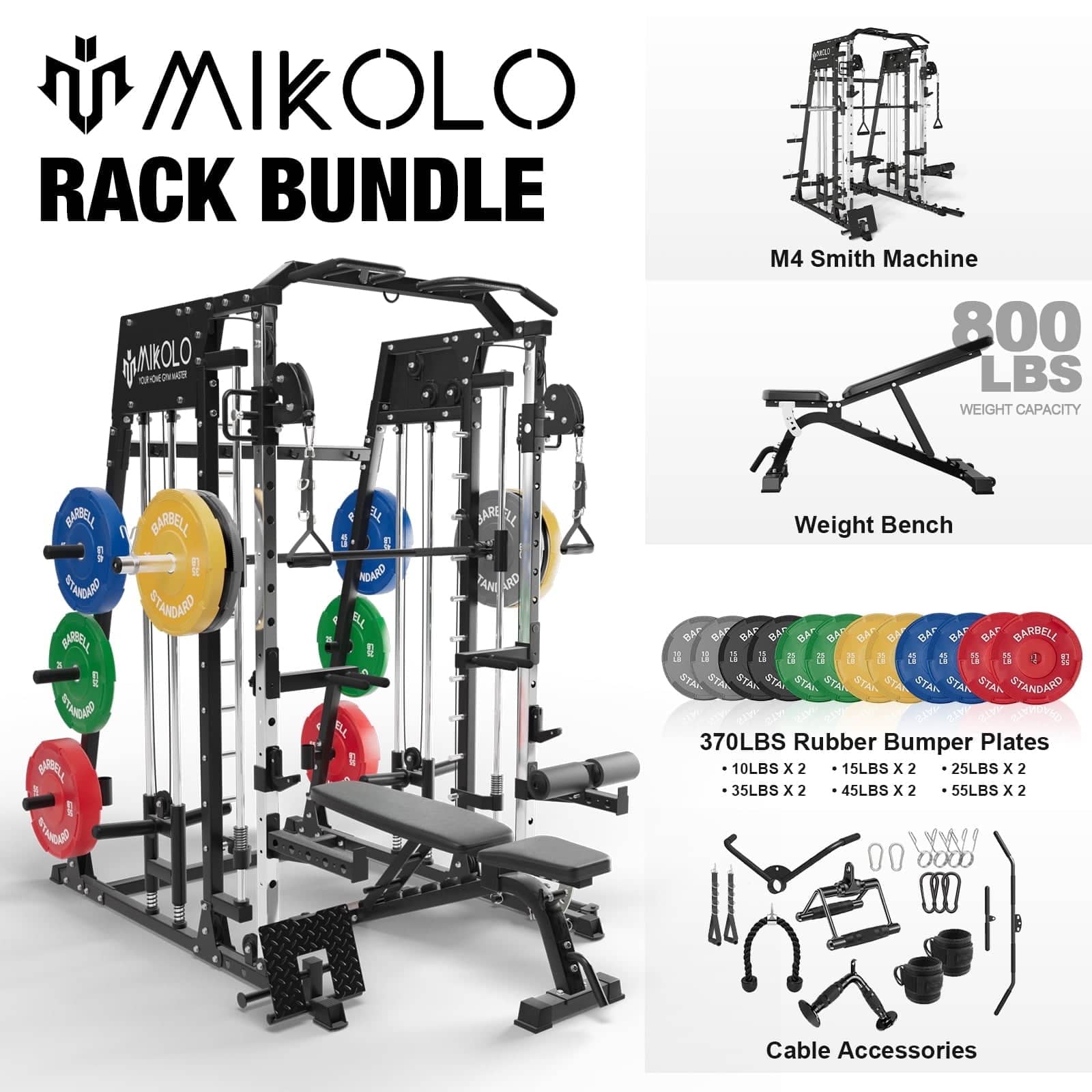 Mikolo - Smith Machine,2200 lbs Power Rack Cage,Power Rack with 800LB CapacityWeight Bench and 370 lbs Weight Plate - Black