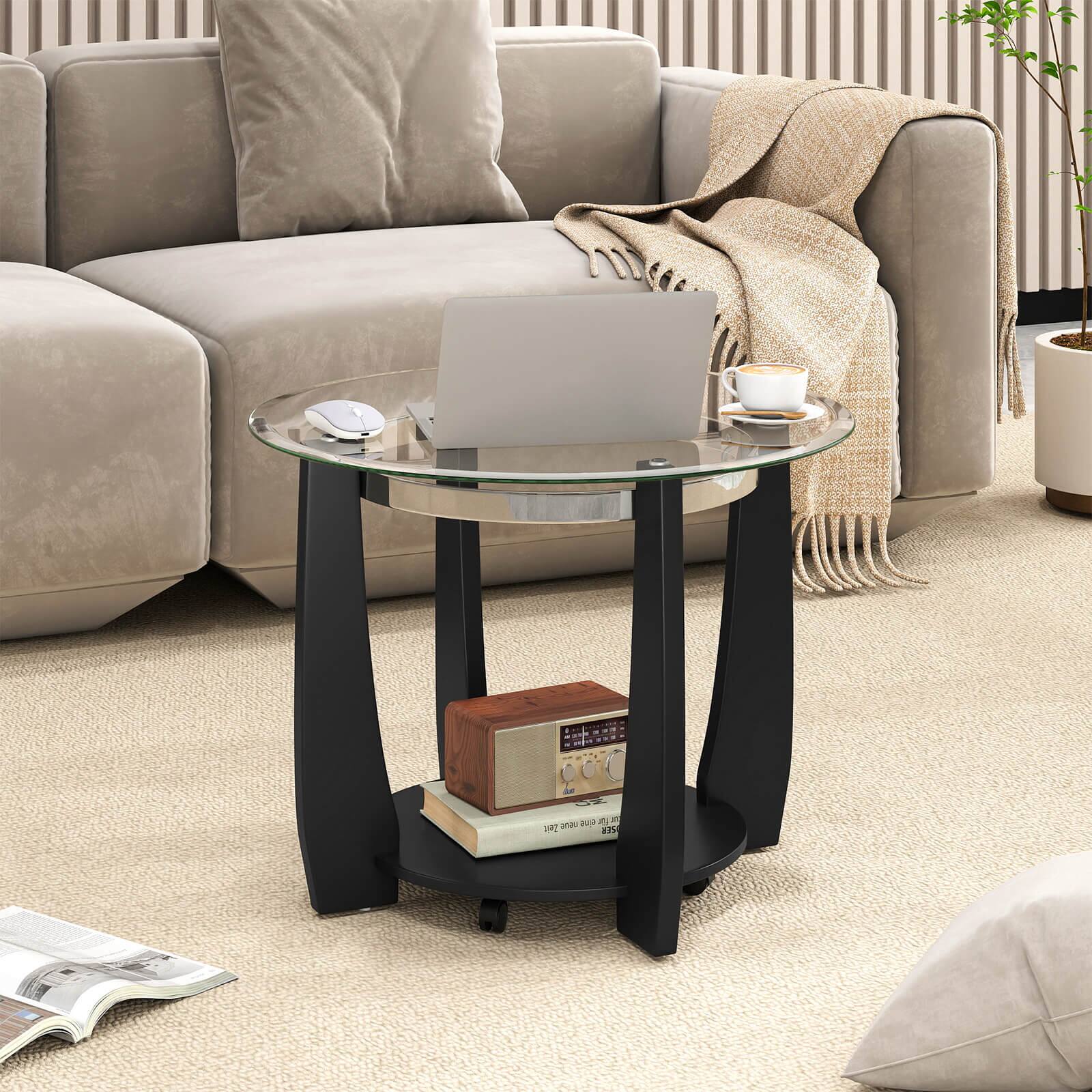 Alt View 3. Costway - Costway 32" 2-Tier Glass Coffee Table with Tempered Glass Top Bottom Storage Shelf & Wheels - Transparent & Black.