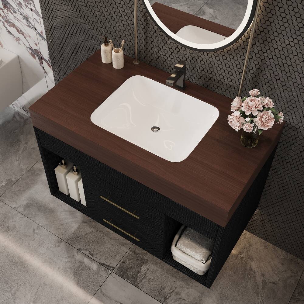 Alt View 2. Loheer - Loheer 29.9 inch floating bathroom vanity Sintered Stone Top Wall Mounted - Black, Walnut.