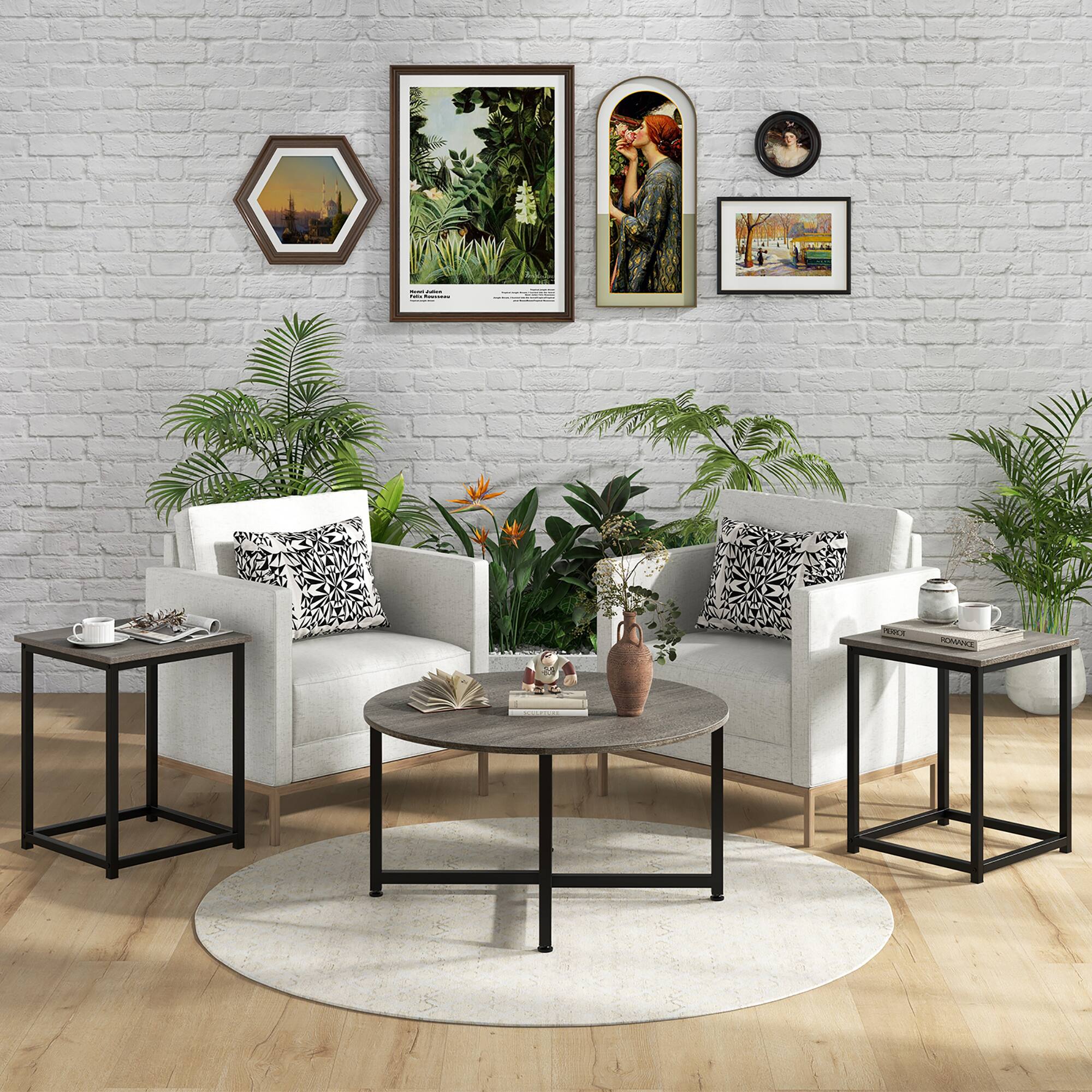 Alt View 1. Gymax - Gymax Round Nesting Table Set of 3 Coffee Table w/ 2 End Tables Sturdy Metal Frame - Gray, Black.