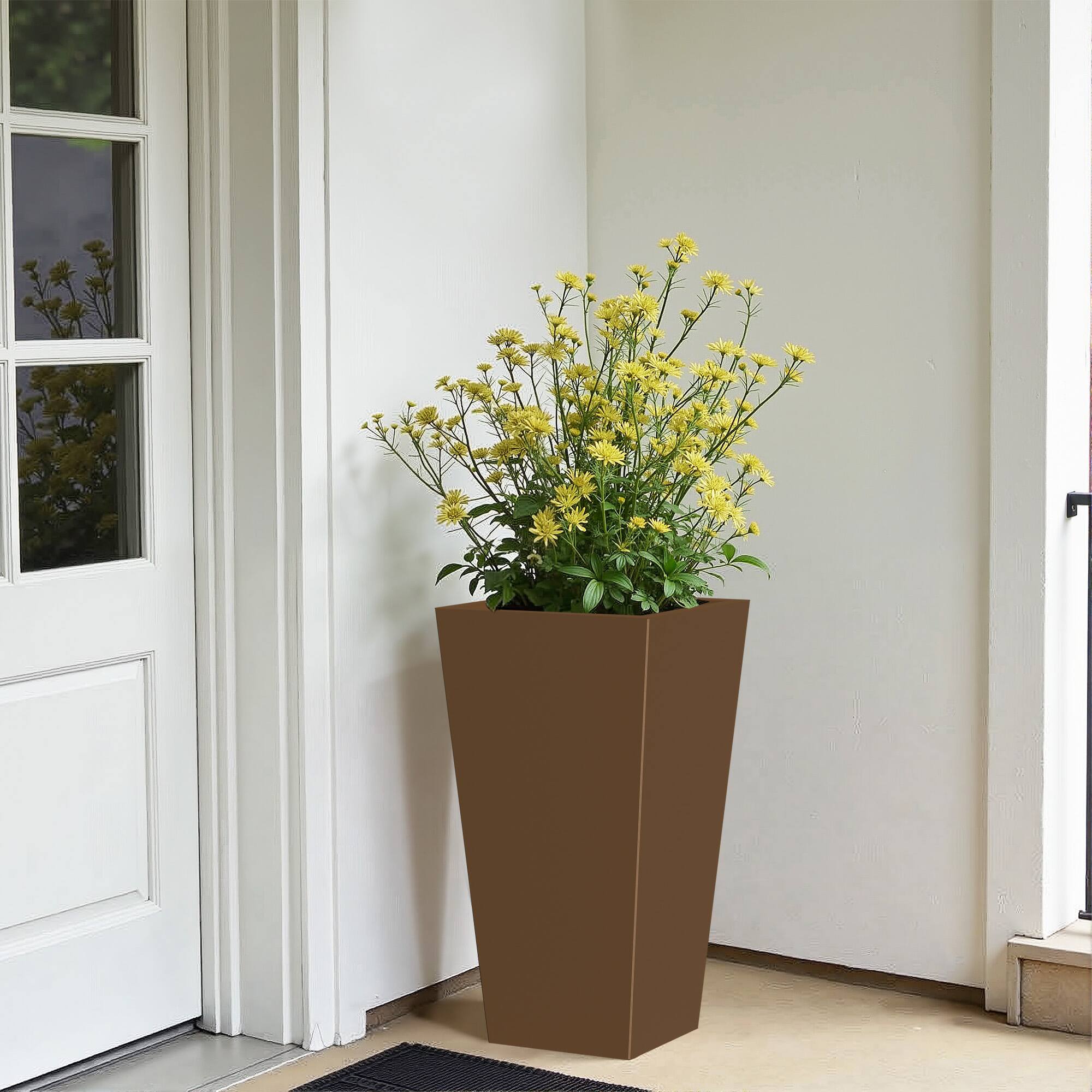 Alt View 1. PexFix - 28 in. H Metal Tapered Planter Pot with Drainage Hole – Indoor/Outdoor Planter Box for Patio, Entryway, Balcony, Garden - Brown.