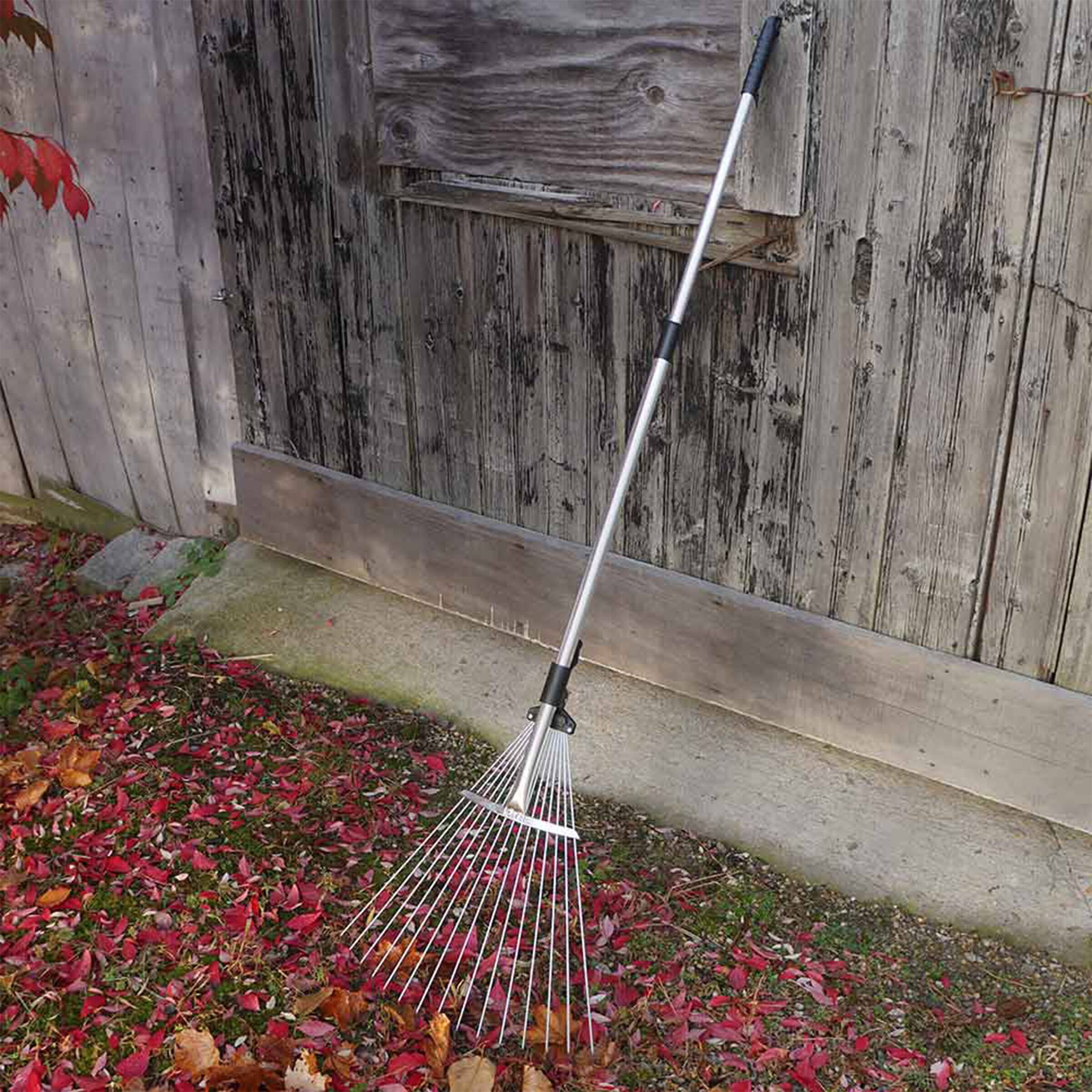 Angle. Kings County Tools - Adjustable Metal Leaf Rake - Silver and Black.