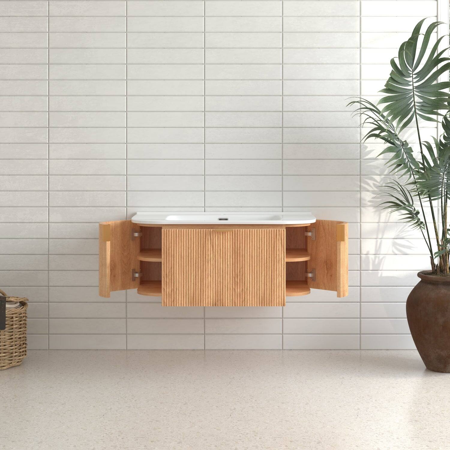 Alt View 10. Boyel Living - 36 in Wall-Mounted Bathroom Vanity with 2 Side Drawers Ceramic Basin Pre-Assembled Walnut Finish - Natural Walnut.
