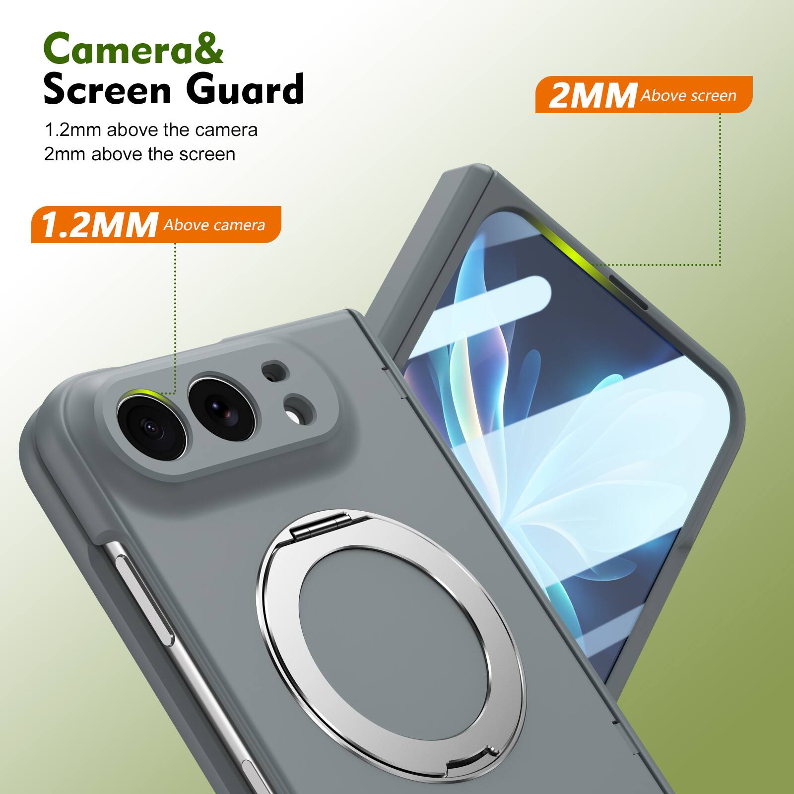 Camera& Screen Guard  
1.2mm above the camera  
2mm above the screen  

1.2MM Above camera  
2MM Above screen