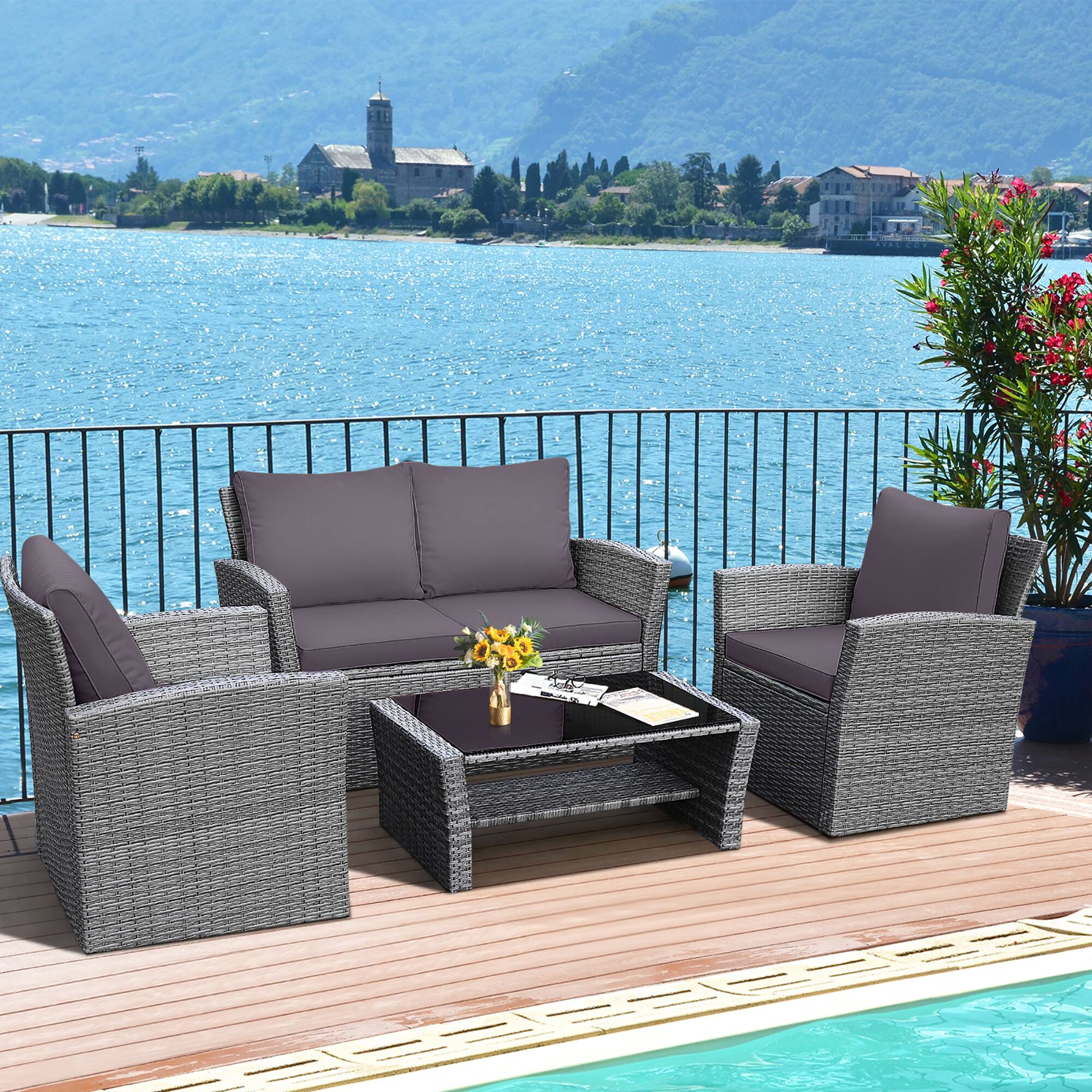Alt View 9. Gymax - Gymax 4PCS Patio Rattan Conversation Set Outdoor Furniture Set w/ Grey Cushions - Grey.