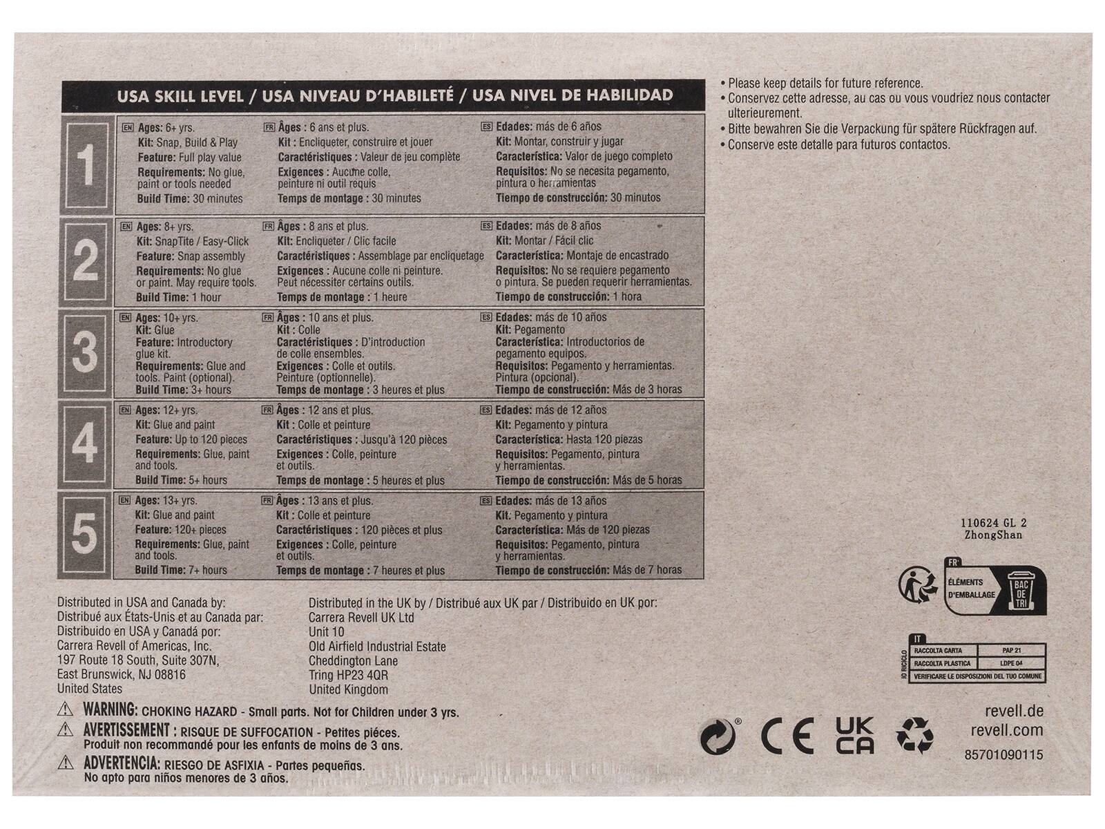 **USA SKILL LEVEL / USA NIVEAU D'HABILITÉ / USA NIVEL DE HABILIDAD**

1. **Ages: 6 yrs.**  
   Kit: Snap, Build & Play  
   Feature: Full play value  
   Requirements: No glue, paint or tools needed  
   Build Time: 30 minutes  

   **Ages: 6 ans et plus**  
   Kit: Encliqueter, construire et jouer  
   Caractéristiques: Valeur de jeu complète  
   Exigences: Aucune colle ni peinture.  
   Temps de montage: 30 minutes  

   **Edades: más de 6 años**  
   Kit: Montar, construir y jugar  
   Características: Valor de juego completo  
   Requisitos: No se necesita pegamento, pintura o herramientas  
   Tiempo de construcción: 30 minutos  

2. **Ages: 8 yrs.**  
   Kit: Snap-Tite / Easy-Click  
   Feature: Snap assembly  
   Requirements: No glue or paint. May require tools  
   Build Time: 1 hour  

   **Ages: 8