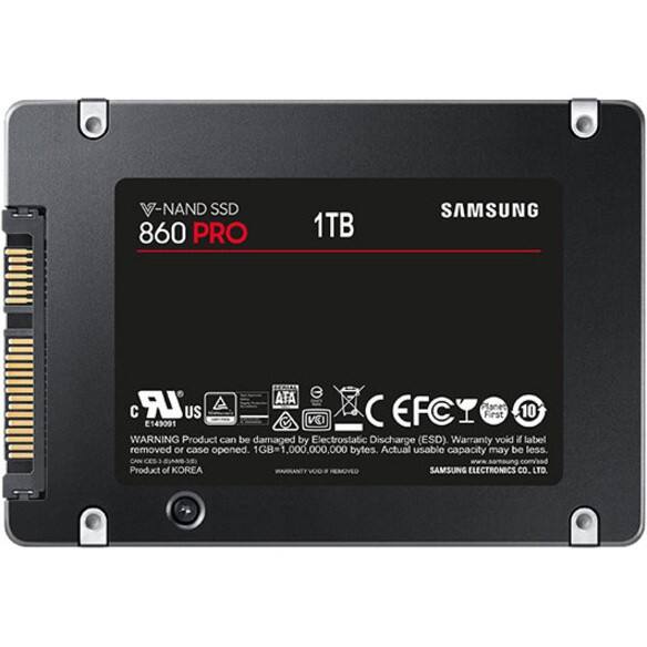 NAND SSD 860 PRO 1TB SAMSUNG LR ATA EFC Planed 10 E149091 US C DN C First WARNING Product can be damaged by Electrostatic Discharge (ESD) Warranty void if label removed or case opened. 1GB=1,000,000,000 bytes. Actual usable capacity may be less. CAN comsad Product of KOREA VOO SAMSUNG ELECTRONICS CO. LTO