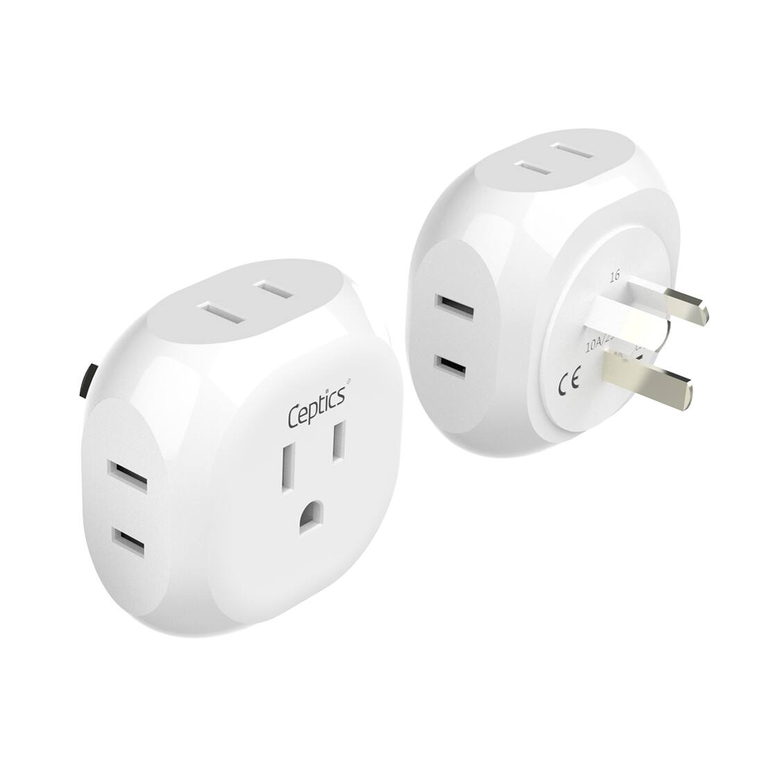 Ceptics - Australia New Zealand China Travel Plug Adapter – Type I 4-in-1 Input – Ultra Compact USA to Type I – 2 Pack - White