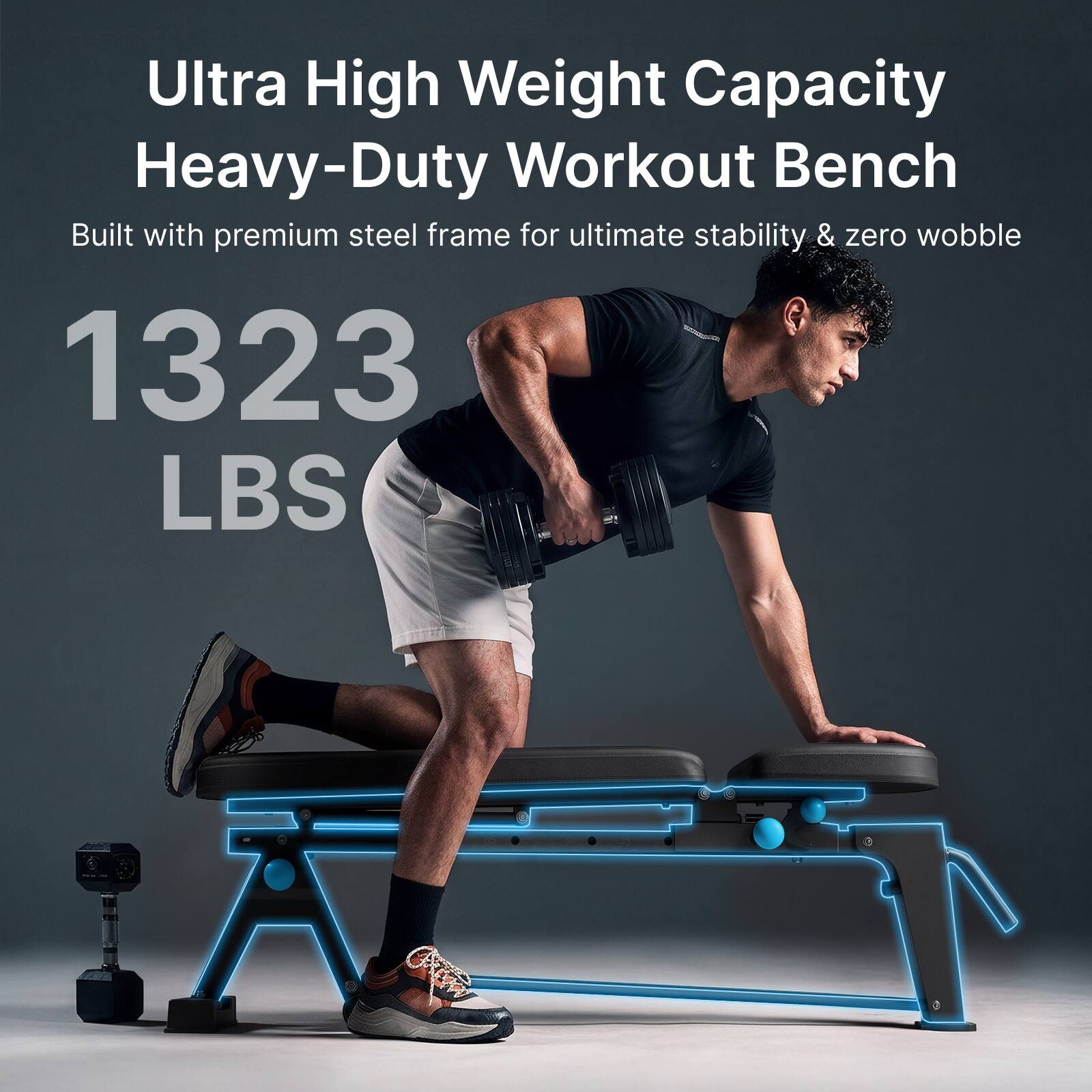 Ultra High Weight Capacity Heavy-Duty Workout Bench  
Built with premium steel frame for ultimate stability & zero wobble  
1323 LBS