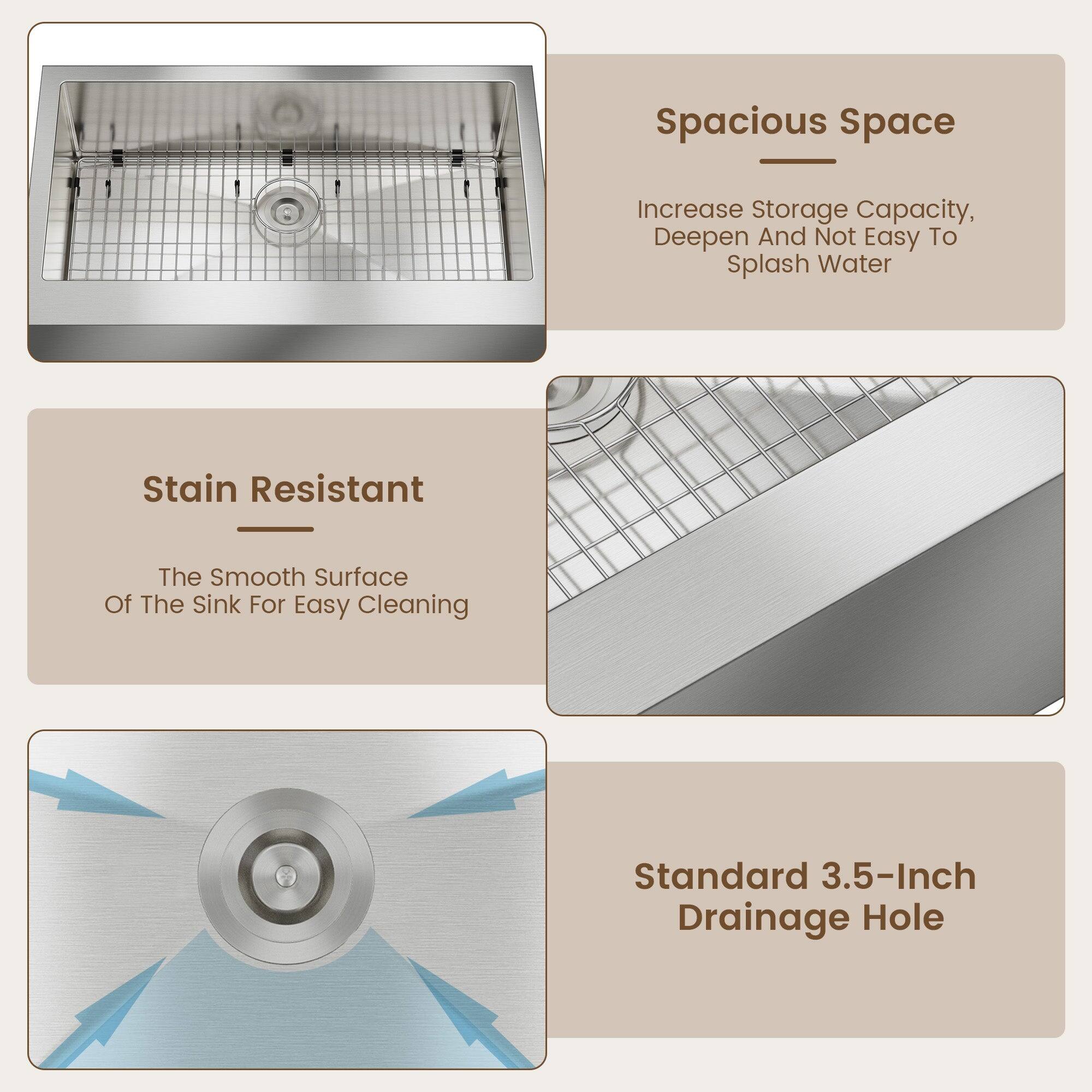 Spacious Space: Increase Storage Capacity, Deepen And Not Easy To Splash Water

Stain Resistant: The Smooth Surface Of The Sink For Easy Cleaning

Standard 3.5-Inch Drainage Hole