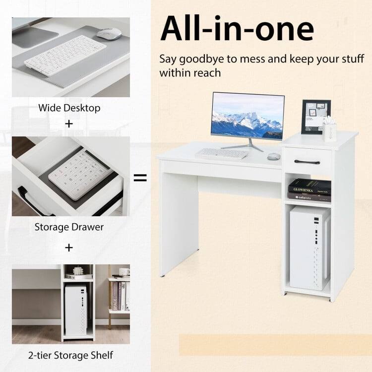 All-in-one

Say goodbye to mess and keep your stuff within reach

Wide Desktop + Storage Drawer + 2-tier Storage Shelf