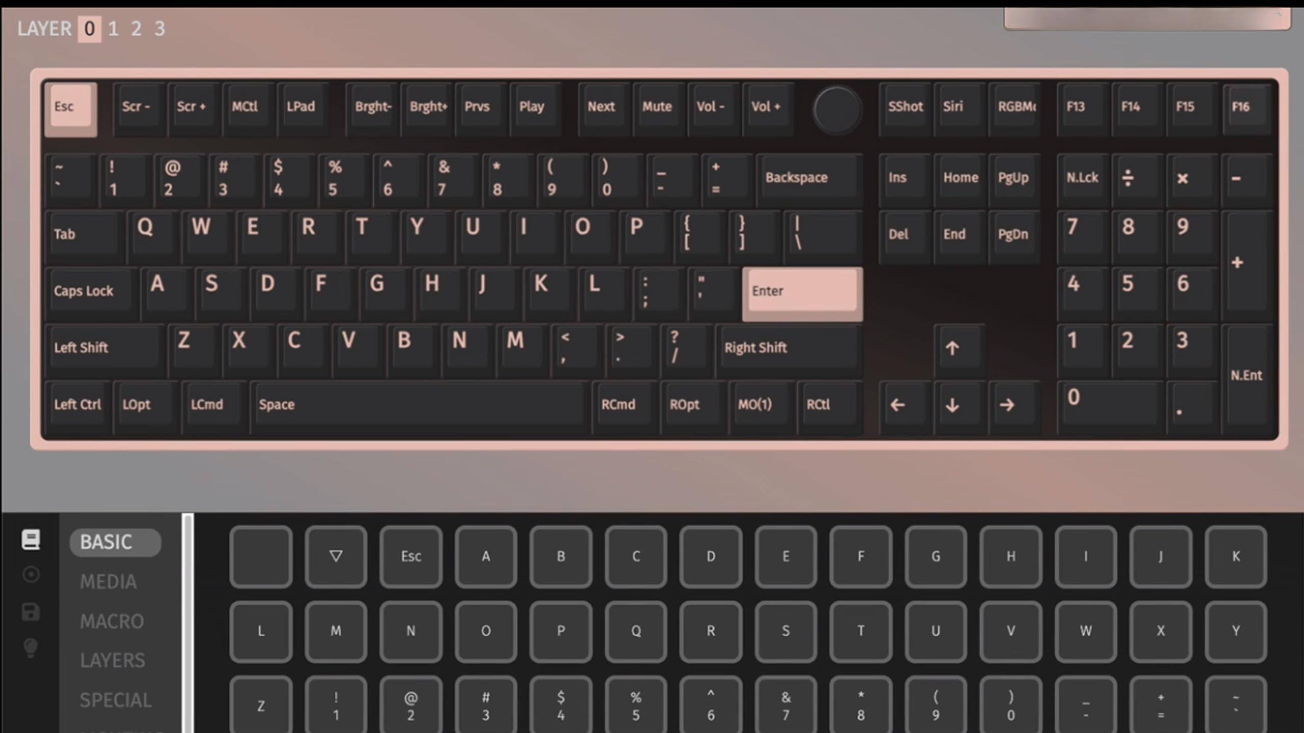 Sure, here is the corrected and grouped text from the image:

**Layer 0:**
- Esc
- Scr-
- Scr+
- MCtl
- LPad
- Bright-
- Bright+
- Prvs
- Play
- Next
- Mute
- Vol-
- Vol+
- SShot
- Siri
- RGBM
- F13
- F14
- F15
- F16
- Backspace
- Ins
- Home
- PgUp
- N.Lck
- Tab
- Caps Lock
- Left Shift
- Left Ctrl
- LOpt
- LCmd
- Space
- RCmd
- ROpt
- Right Shift
- Right Ctrl
- 1
- 2
- 3
- 4
- 5
- 6
- 7
- 8
- 9
- 0
- -
- =
- Backspace
- Ins
- Home
- PgUp
- N.Lck
- Tab
- Caps Lock
- Q
- W
- E
- R
- T
- Y
- U
- I
- O
- P
- A