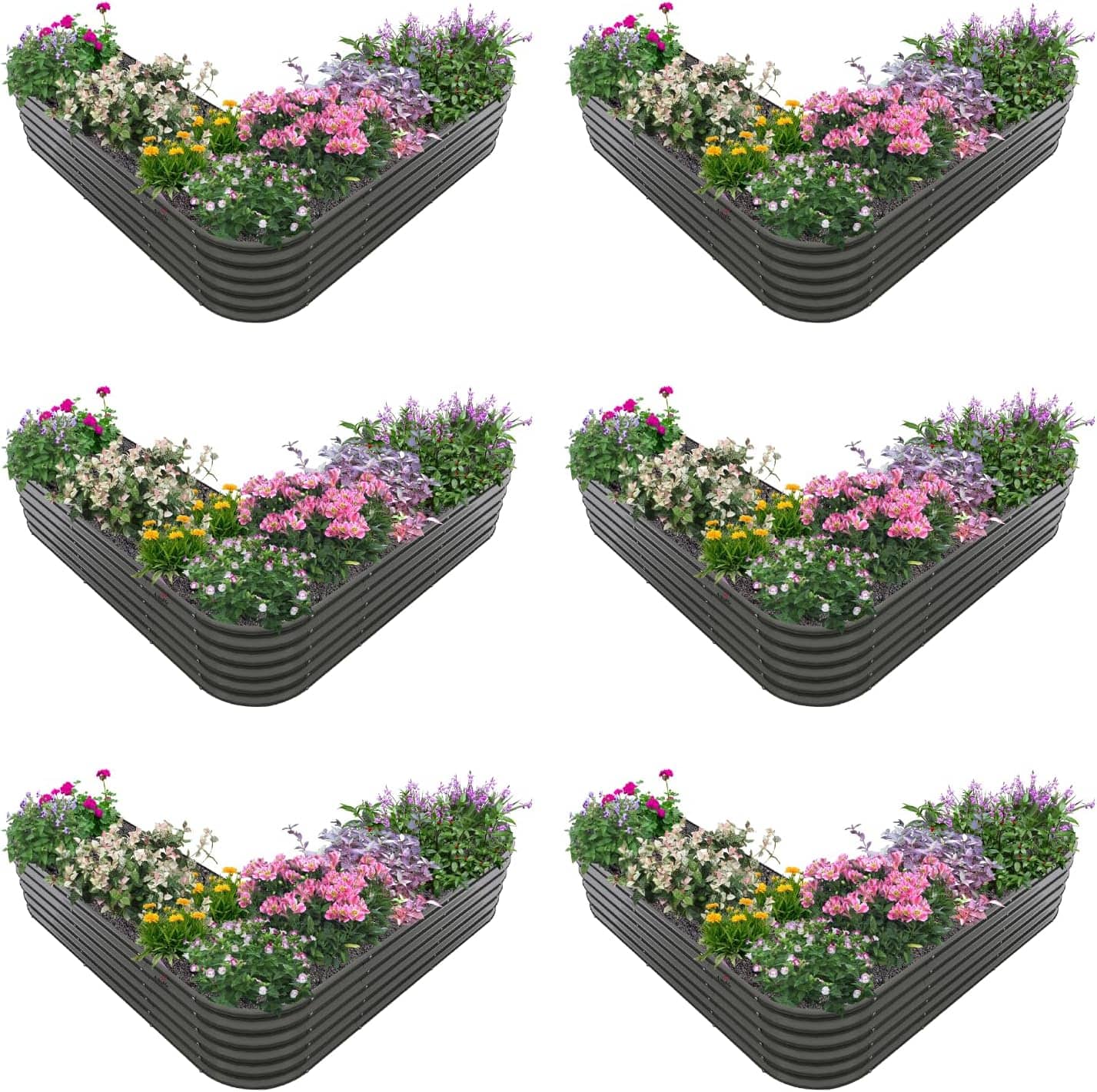 A Anleolife - 6-Pack Metal Freefom Heart-Shaped Raised Garden Bed Planter Box for Vegetables (81 in. L x 81 in. W x 18 in. H) - Gray