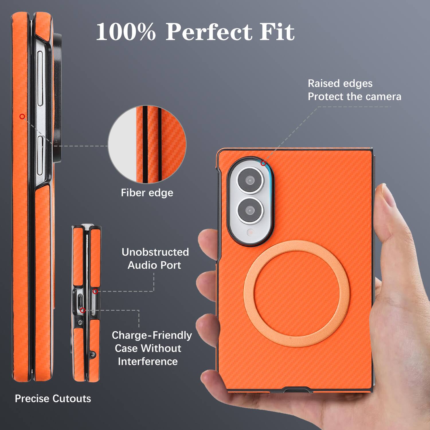 100% Perfect Fit  
Raised edges Protect the camera  
Fiber edge  
Unobstructed Audio Port  
Charge-Friendly Case Without Interference  
Precise Cutouts