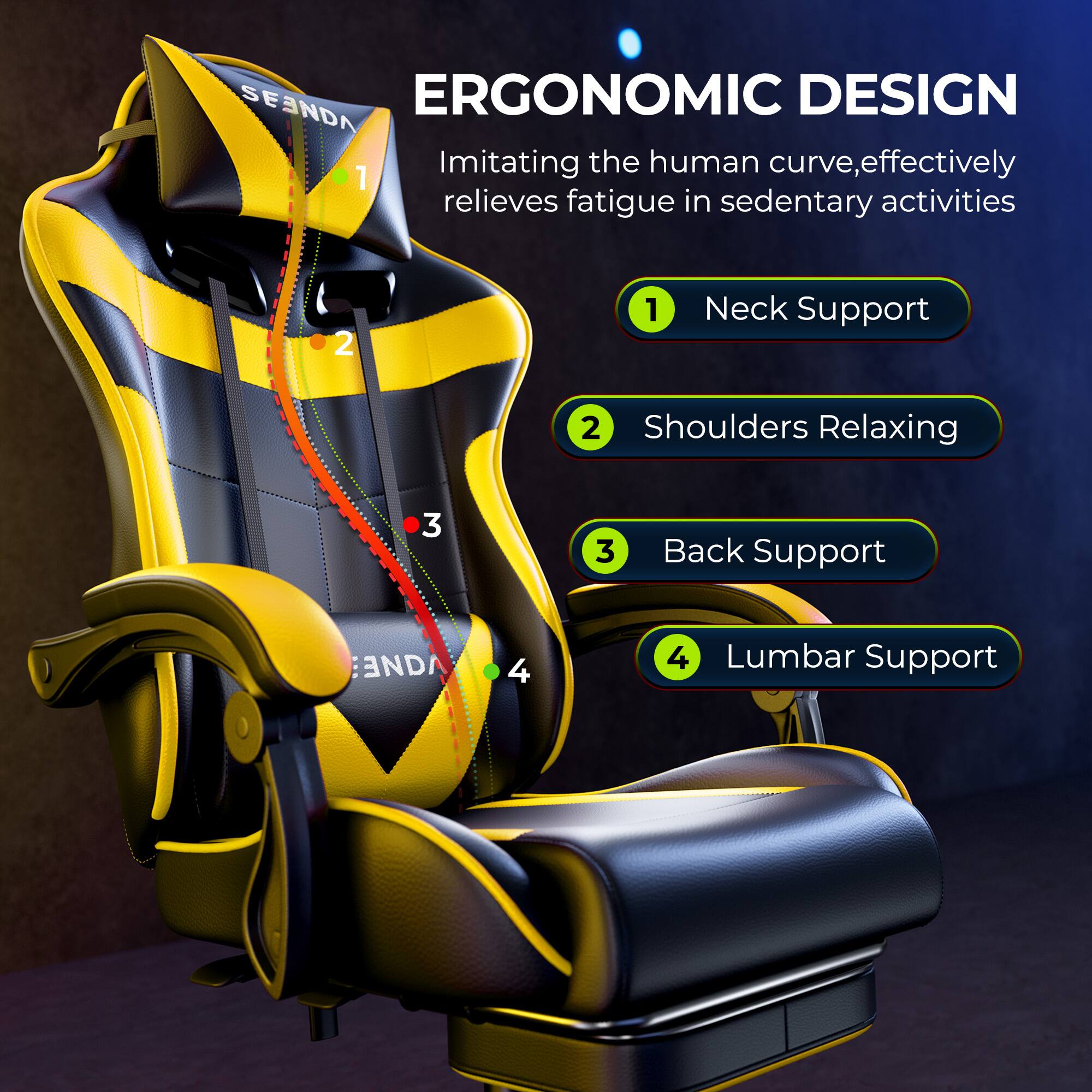 SEENDA ERGONOMIC DESIGN  
Imitating the human curve, effectively relieves fatigue in sedentary activities

1. Neck Support
2. Shoulders Relaxing
3. Back Support
4. Lumbar Support