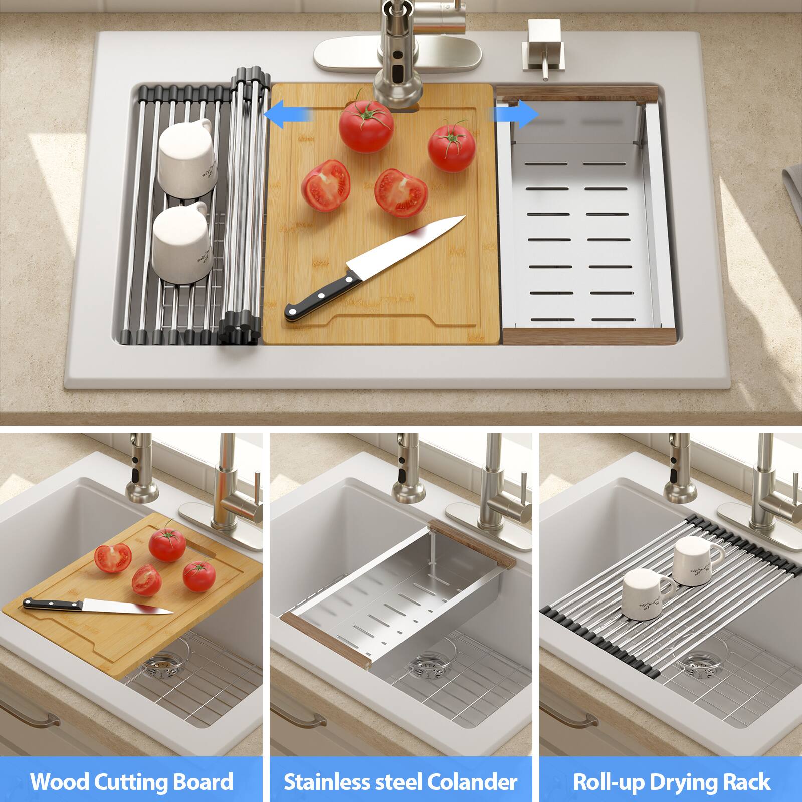 - Wood Cutting Board
- Stainless Steel Colander
- Roll-up Drying Rack