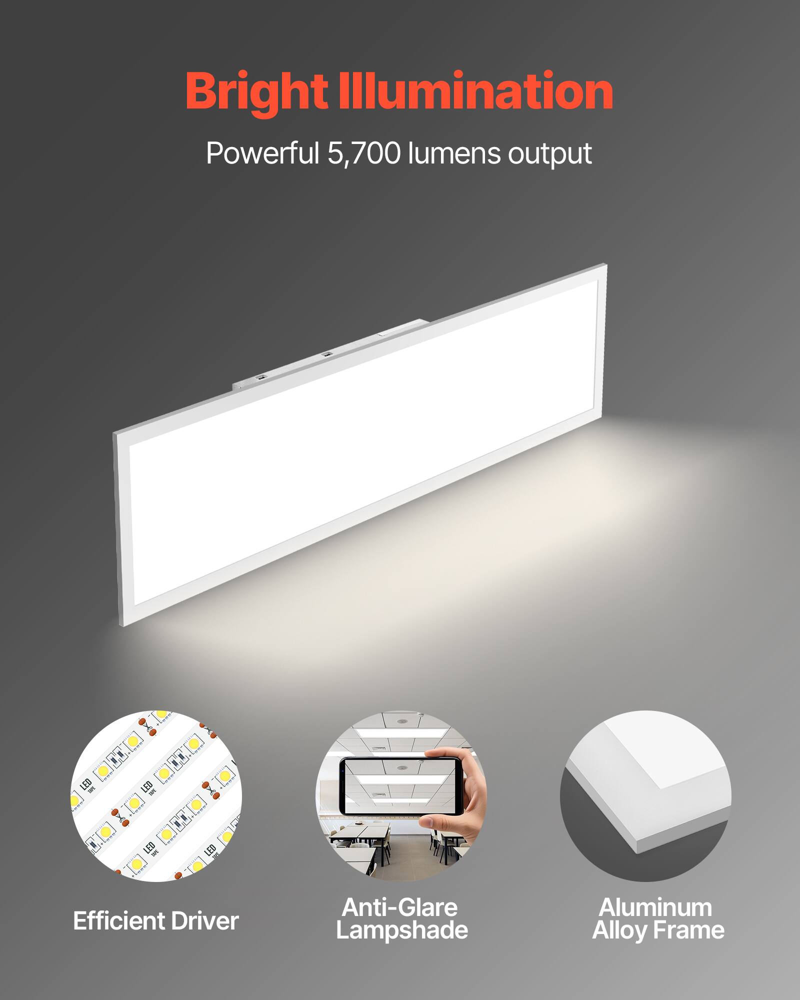 Bright Illumination  
Powerful 5,700 lumens output  

Efficient Driver  
Anti-Glare Lampshade  
Aluminum Alloy Frame