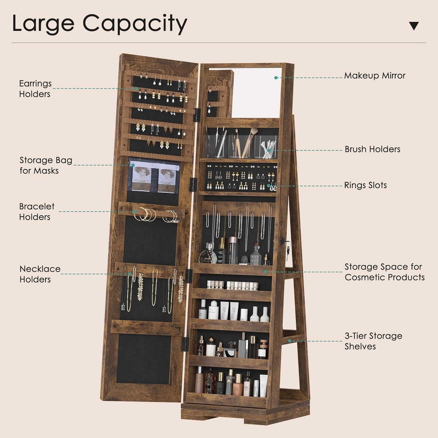 Large Capacity Earrings Holders Makeup Mirror Storage Bag for Masks Brush Holders Rings Slots Bracelet Holders Necklace Holders Storage Space for Cosmetic Products 3-Tier Storage Shelves