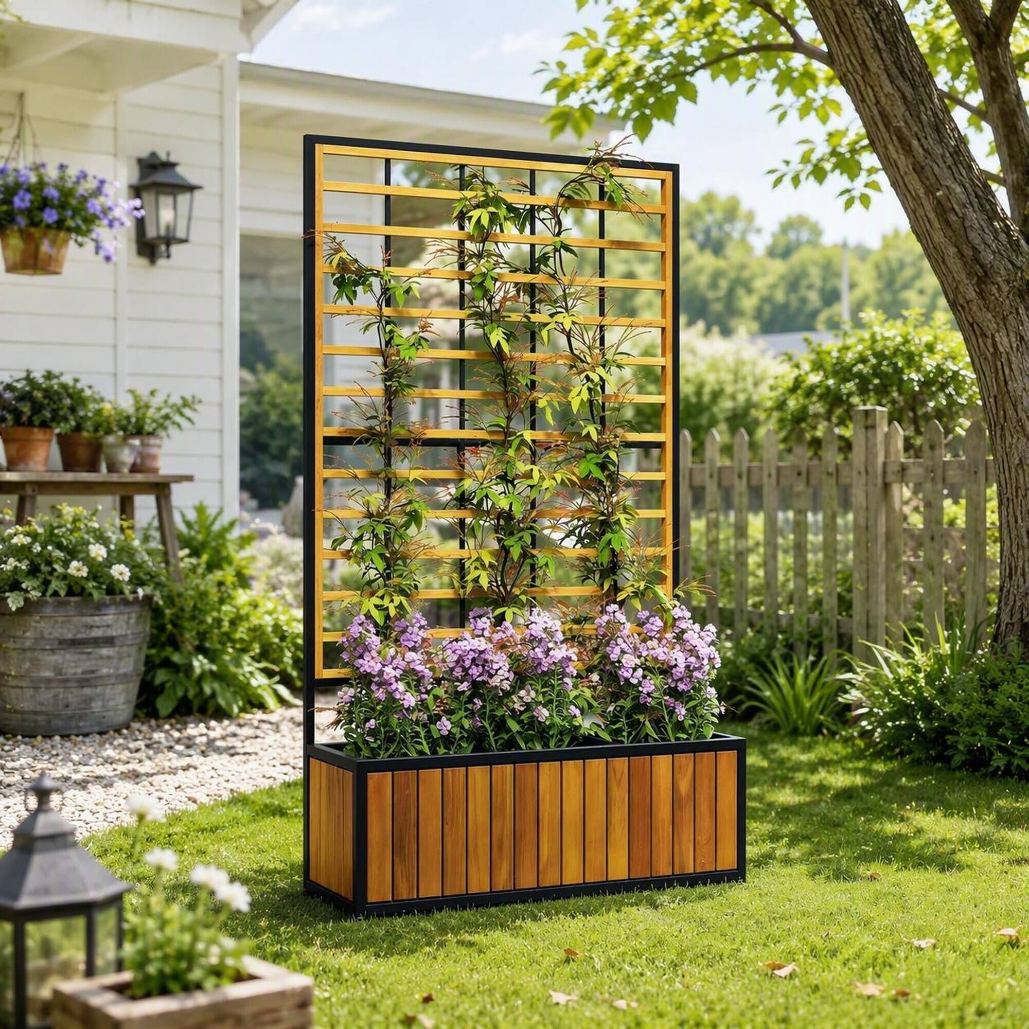 Alt View 1. RYHNUYNE - Natural Acacia Wood Raised Garden Bed with Trellis and Three Planters, 29.1 by 51.6 Inch, Teak and Black - Teak.