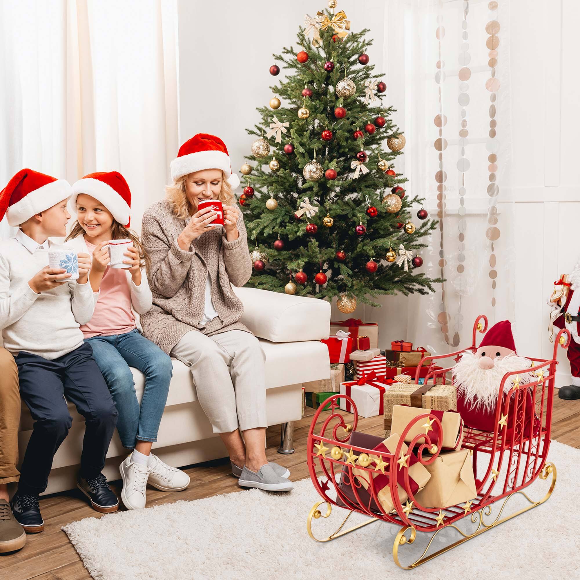 Alt View 14. Costway - Red Santa Sleigh with Large Cargo Area for Gifts Metal Christmas Holiday Decor - Red/Golden.