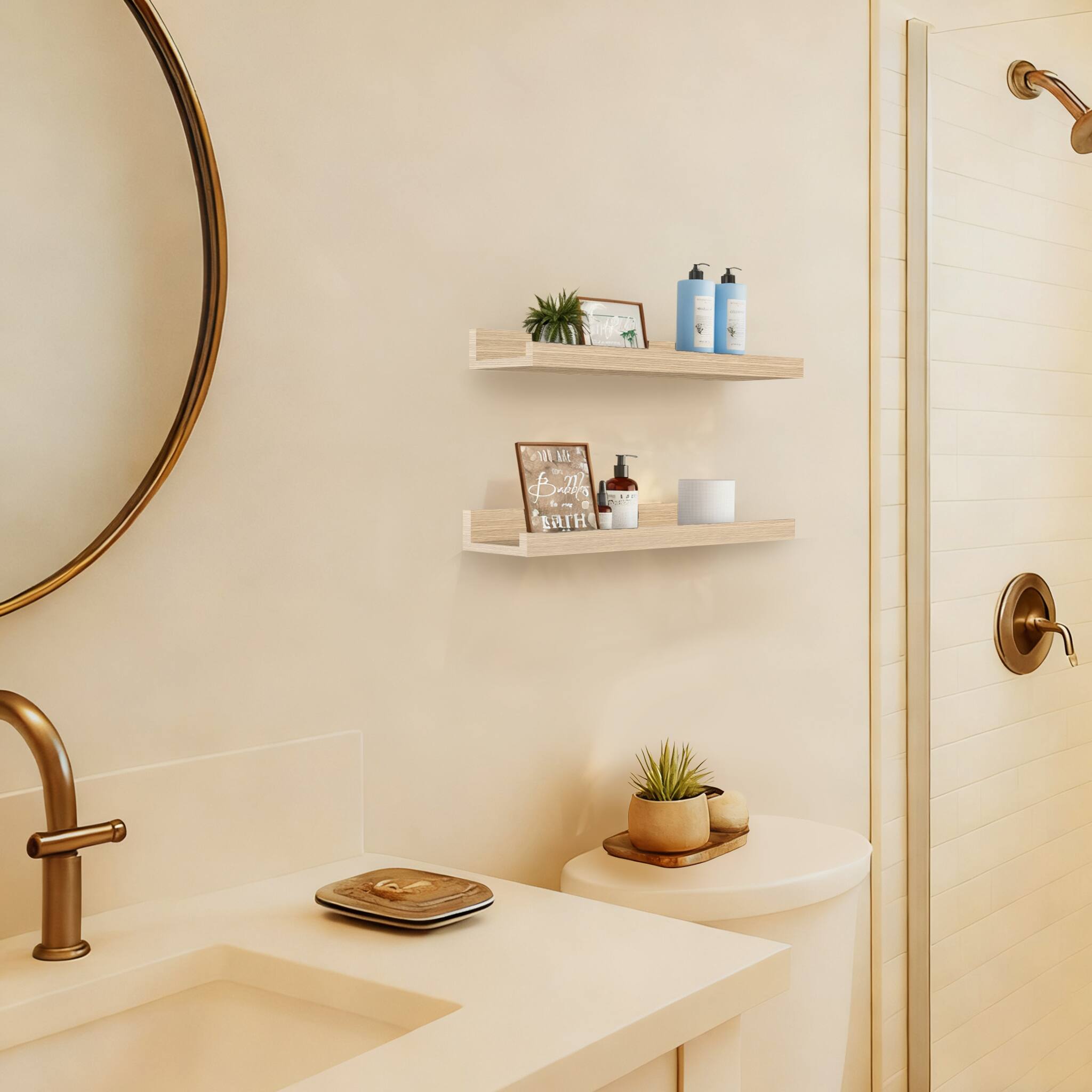 Alt View 3. BOMEDA - 2 Pack 16 in Floating Picture Ledge Shelves, Wooden Wall Shelf for Books, Photos & Decor Display for Living Room - Oak.