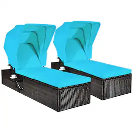 Costway - 2PCS Patio Rattan Lounge Chair Chaise Cushioned Top Canopy Adjustable - Turquoise
