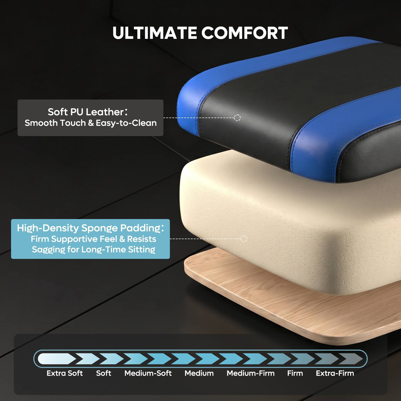 ULTIMATE COMFORT

Soft PU Leather: Smooth Touch & Easy-to-Clean

High-Density Sponge Padding: Firm Supportive Feel & Resists Sagging for Long-Time Sitting

Extra Soft Soft Medium-Soft Medium Medium-Firm Firm Extra-Firm