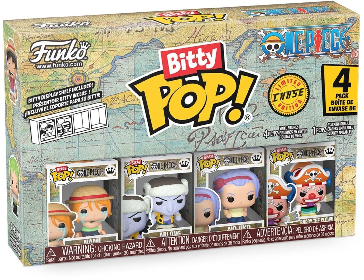 Sure, here is the corrected and grouped text from the image:

---

**Funko**  
www.funko.com

**Bitty POP!**  
ONE PIECE

**BITTY DISPLAY SHELF INCLUDED!**  
PRESENTOIR BITTY INCLUS!  
INCLUYE EL SOPORTE PARA SU BITTY!

**LIMITED CHASE EDITION**

**4 PACK**  
4 PC/PZ  
VINYL FIGURES  
FIGURINES EN VINYLE  
FIGURAS DE VINIL  
1 PC/PZ  
STACKING SHELF  
ETAGERE APILABLE  
ESTANTE APILABLE

**Nami**  
**Arlong**  
**Nojiko**  
**Ruggy the Clown**

**WARNING: CHOKING HAZARD.**  
Small parts. Not suitable for children under 36 months.  
ATTENTION: DANGER D'ÉTOUFFEMENT.  
Petites pièces. Ne convient pas aux enfants de moins de 36 mois.  
ADVERTENCIA: PELIGRO DE ASFIXIA.  
Partes pequeñas. No es adecuado para niños menores de 36 meses.

---

This text is organized to reflect the information on the packaging