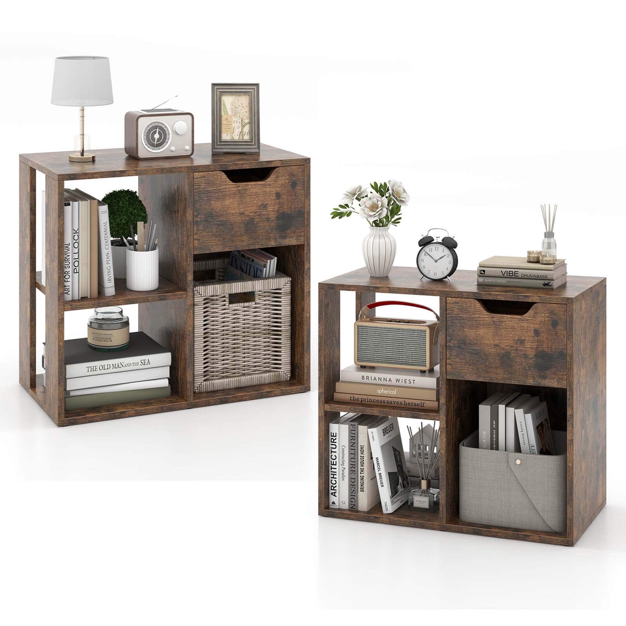 Costway - 2 PCS 3-Cube Bookshelf 2-Tier Open Shelf Bookcase with Drawer Home Storage Organizer - Brown