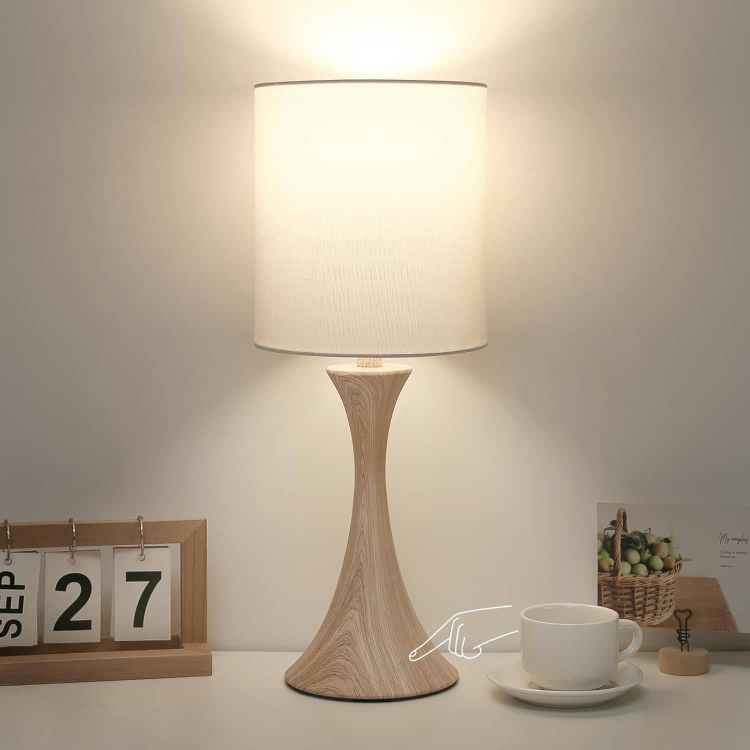 Stamp n Camp - 3 Way Touch Control Table Lamp Dimmable Bedside Desk Lamp with Metal Base Modern Nightstand Lamp Stylish Shade - Wood Grain Base with White Shade