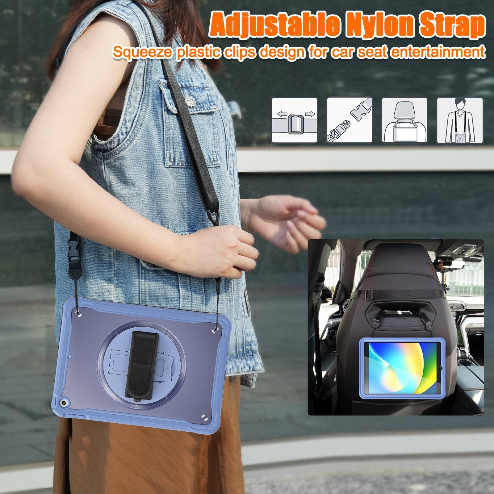 Adjustable Nylon Strap  
Squeeze plastic clips design for car seat entertainment