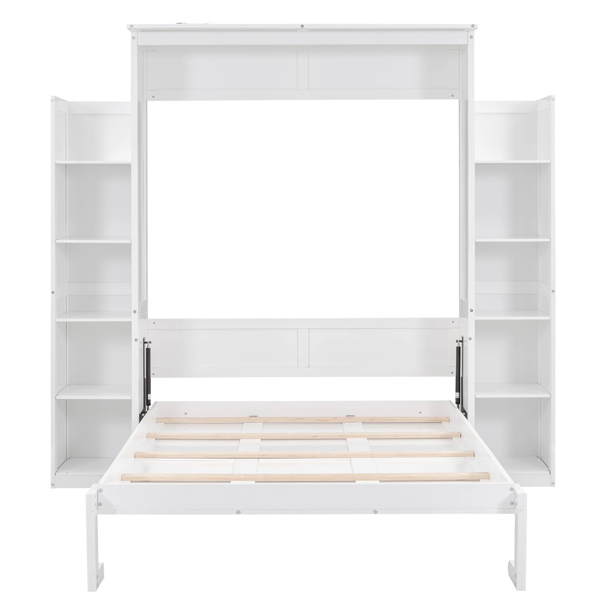 Alt View 4. Tiramisubest - Full Size White Murphy Bed with Shelves & LED Lights, Solid Wood+MDF, Space-Saving - White.