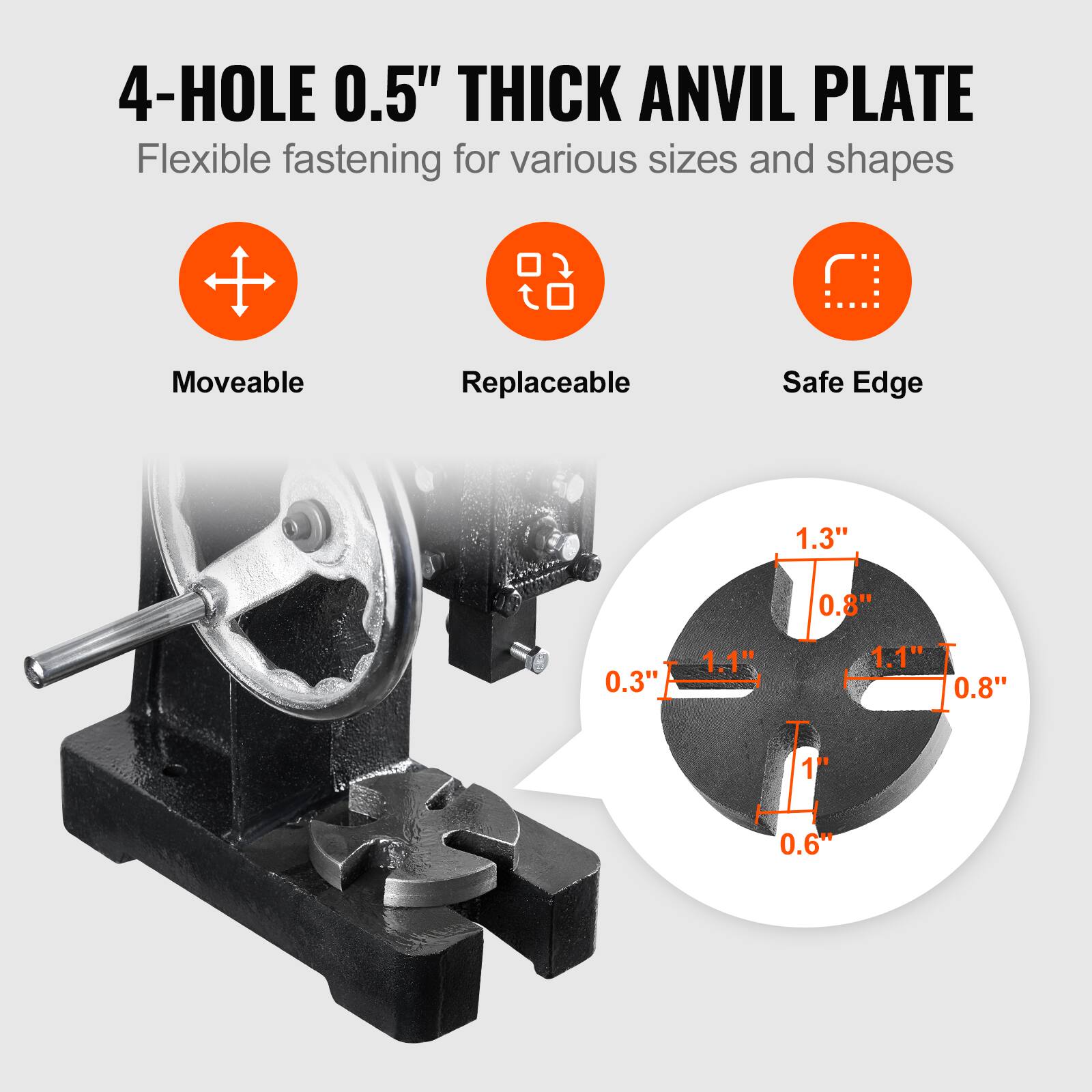 4-HOLE 0.5" THICK ANVIL PLATE  
Flexible fastening for various sizes and shapes  

- Moveable  
- Replaceable  
- Safe Edge  

1.3"  
0.8"  
0.3"  
1.1"  
1.1"  
0.8"  
1"  
0.6"