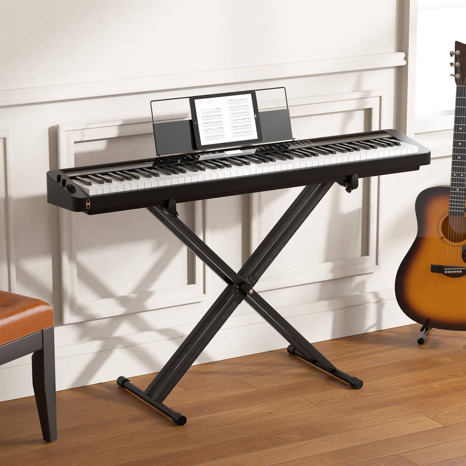 Left. MAGICAL RUBS - Double-x Stand Portable Digital Piano Adjustable Music For 54-88 Key Electric Pianos - X-Shape.