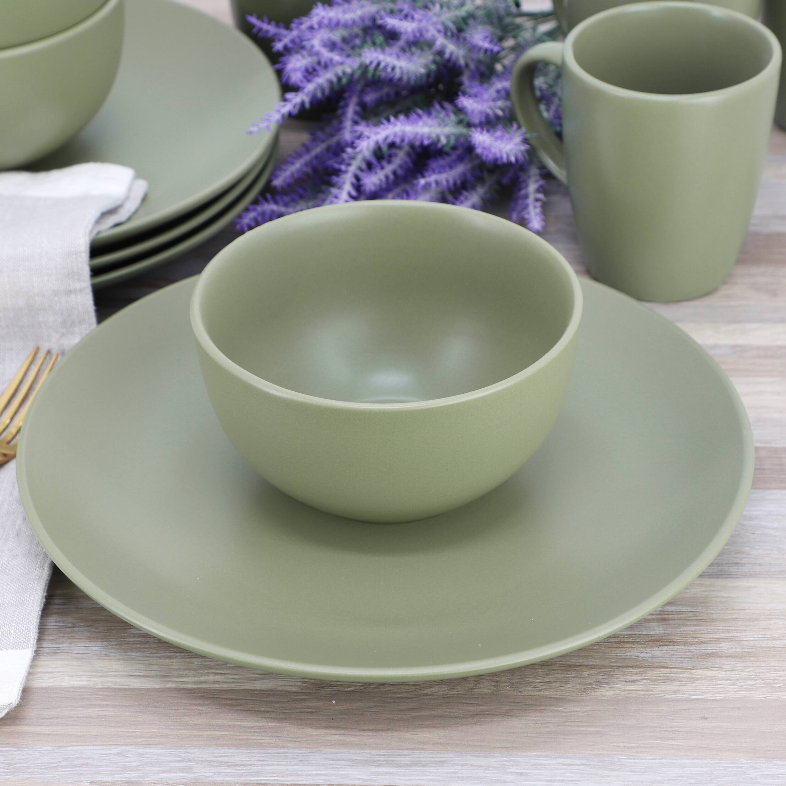 Alt View 5. Gibson - Gibson Home Everyday Plus 12 Piece Round Stoneware Dinnerware Set in Green - Green.