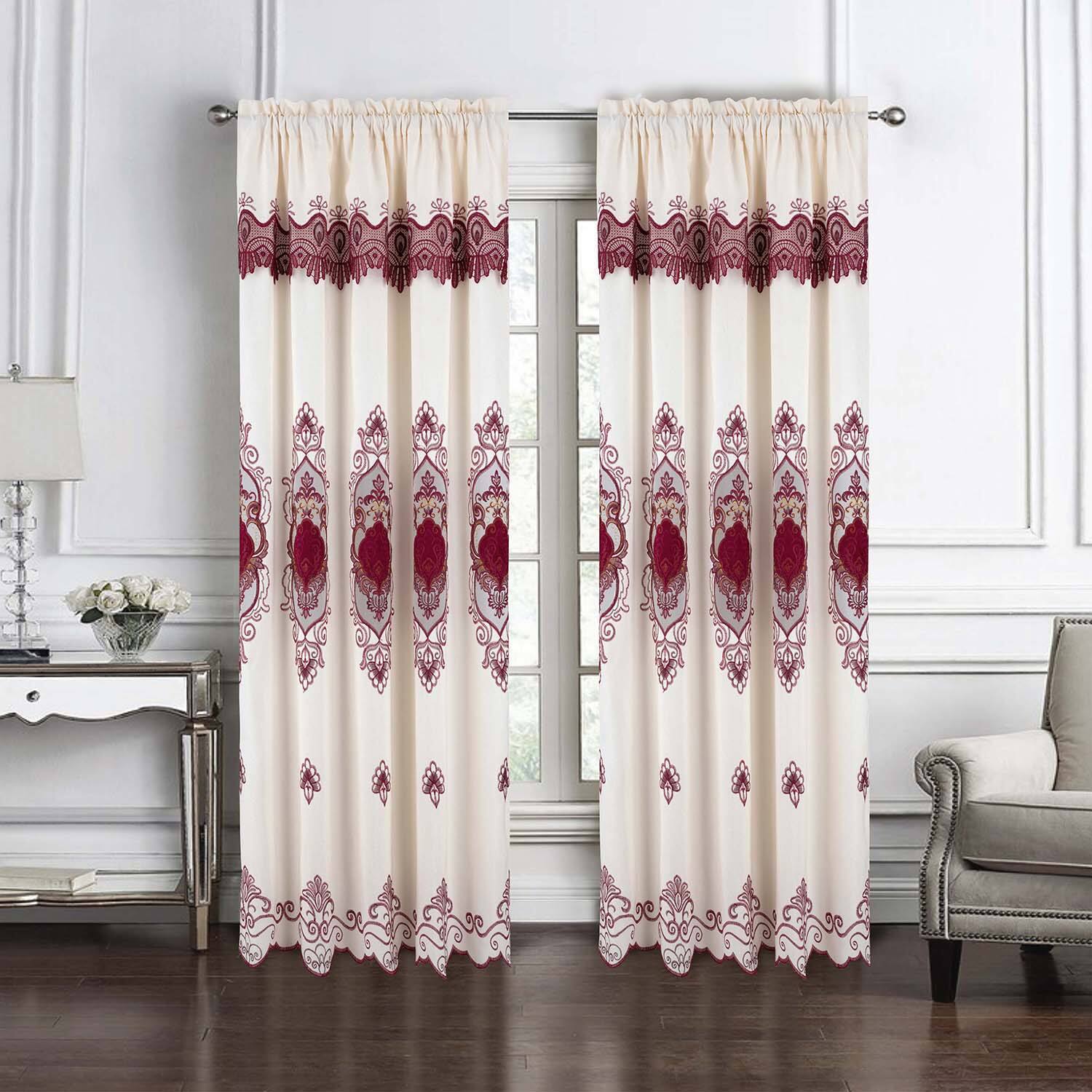 Angle. RT Designers Collection - RT Designer Collection Betsy Macrame Rod Pocket Curtain Panel 52" x 84" Burgundy - Burgundy.